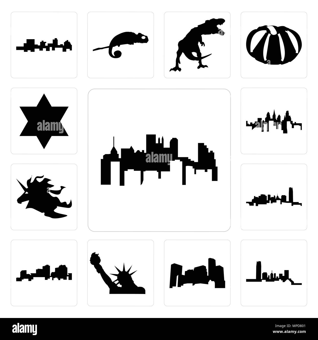 Ensemble de 13 icônes modifiable simple comme le Pennsylvania State, New York, Minnesota, statue de la liberté, de la Louisiane contours sur fond blanc, unicorn hea Illustration de Vecteur