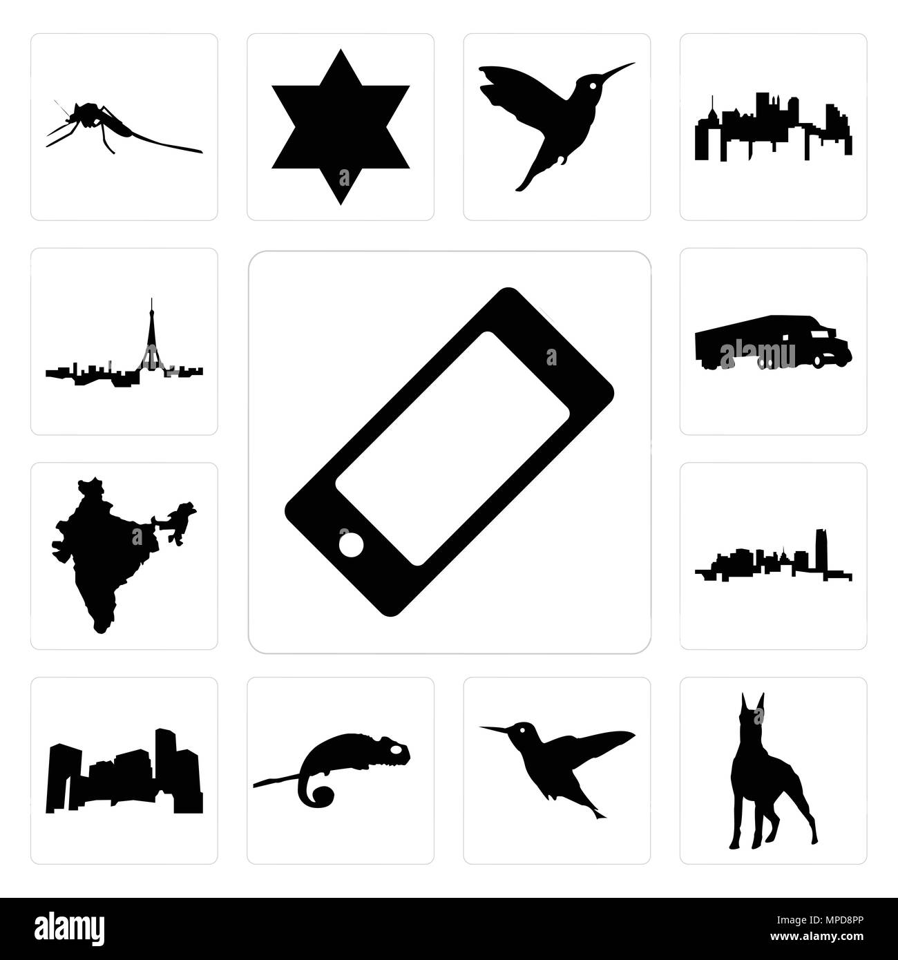 Ensemble de 13 icônes modifiable simple tels que téléphone cellulaire, doberman, Hummingbird, caméléon, Minnesota, New York, Inde, semi truck, toits de Paris peut être utiliser Illustration de Vecteur