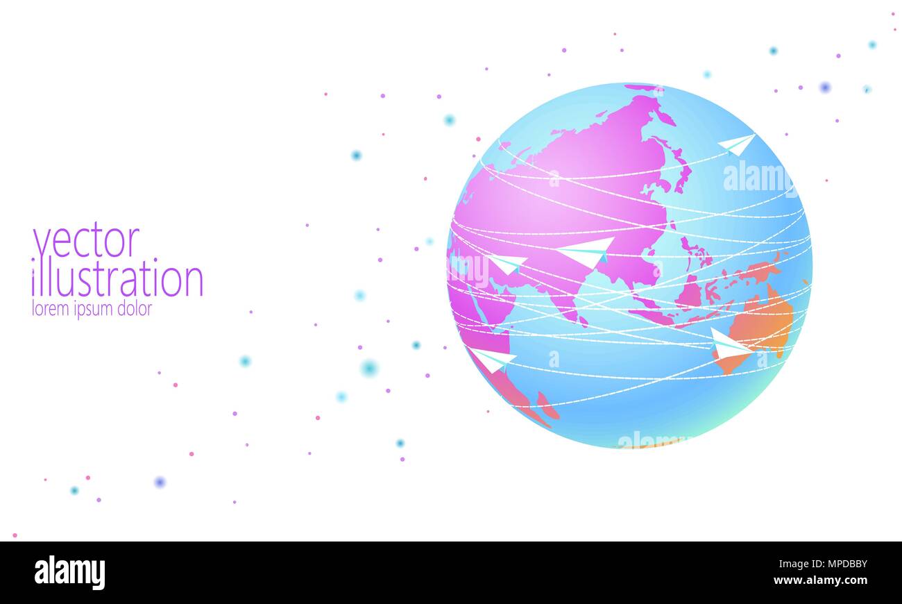 La planète Terre avec des lettres de messagerie avion en papier. La communication réseau en ligne d'internet mail. La connexion globale internationale. Continent Asie Chine Inde Japon télévision cartoon vector illustration Illustration de Vecteur