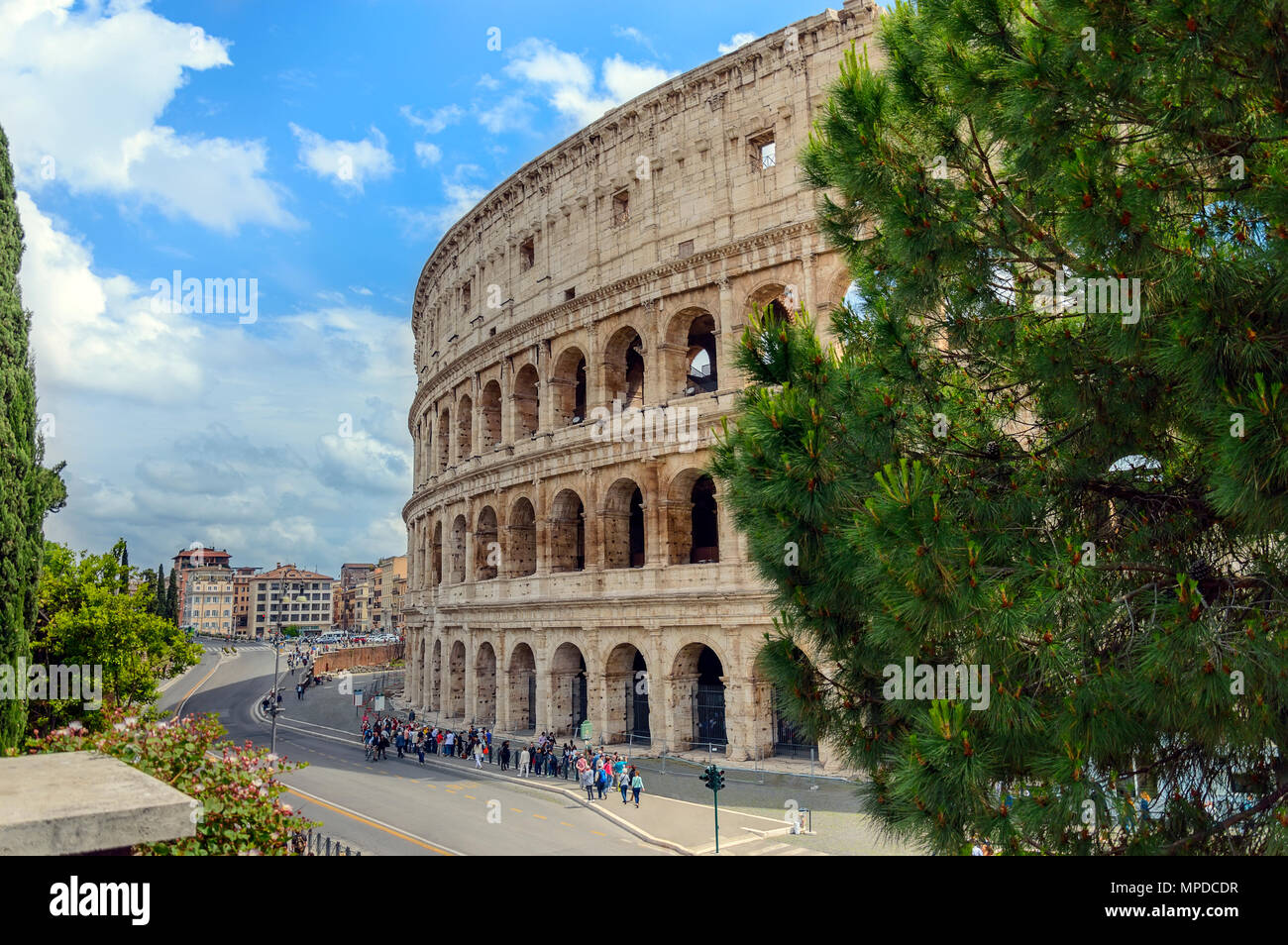 Colisée, le colisée ou amphithéâtre Flavien également, à Rome, en Italie avec un arbre et ciel bleu. Symbole et la principale attraction touristique à Rome. Banque D'Images