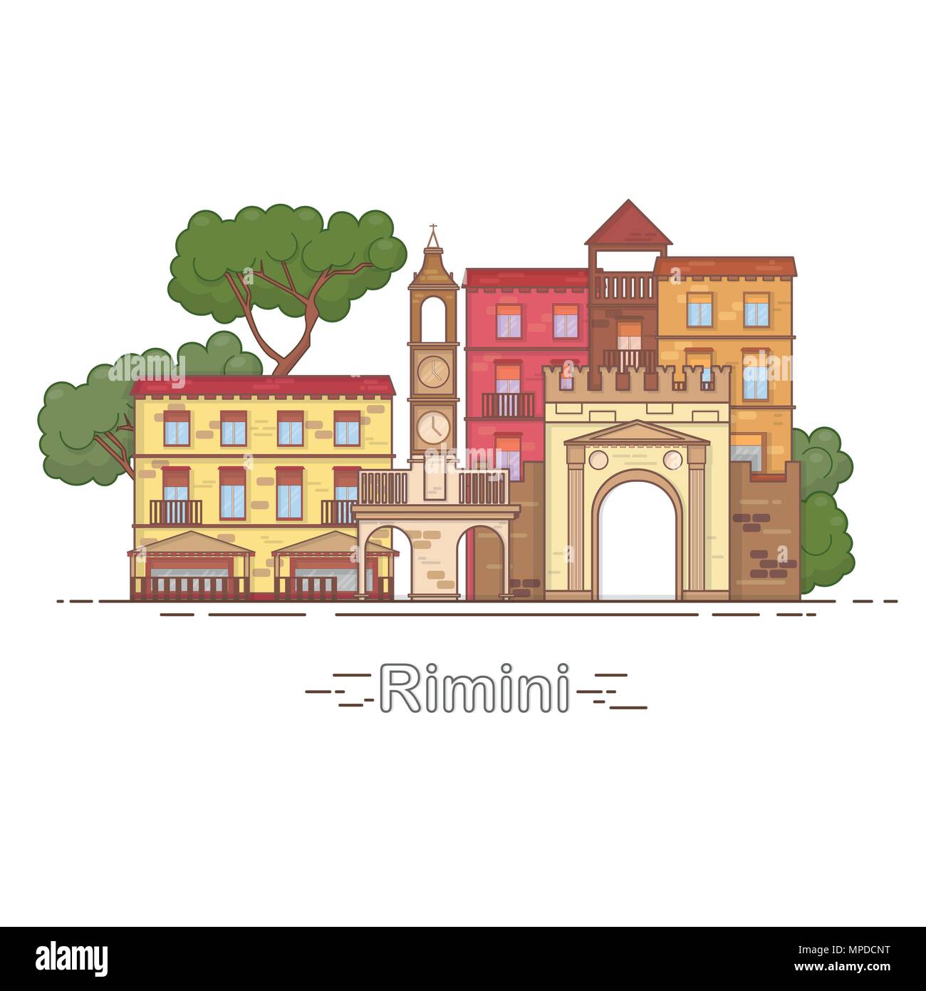 L'Italie, Rimini contours city skyline, illustration linéaire, bannière, monument de voyage Illustration de Vecteur