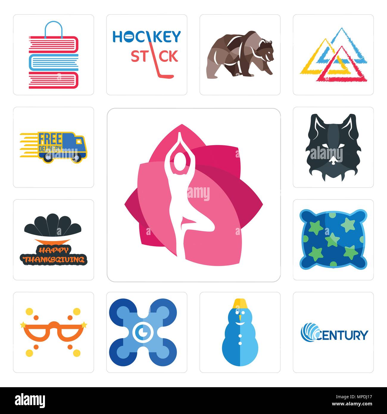 Ensemble de 13 icônes modifiable simple comme un studio de yoga, siècle, bonhomme, drones, la mascarade, un oreiller, joyeux thanksgiving, le loup visage, livraison gratuite peut être Illustration de Vecteur