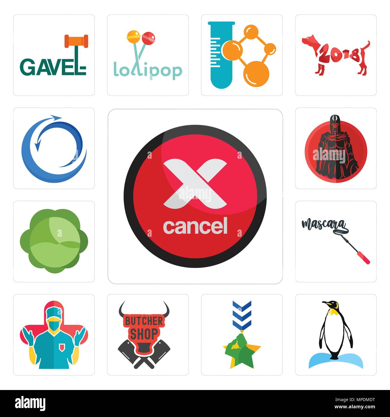 Ensemble de 13 icônes modifiable simple comme annuler, Penguin, militaire, boucherie, chirurgien, le mascara, le chou, Spartan, import export peut être utilisé pour mob Illustration de Vecteur