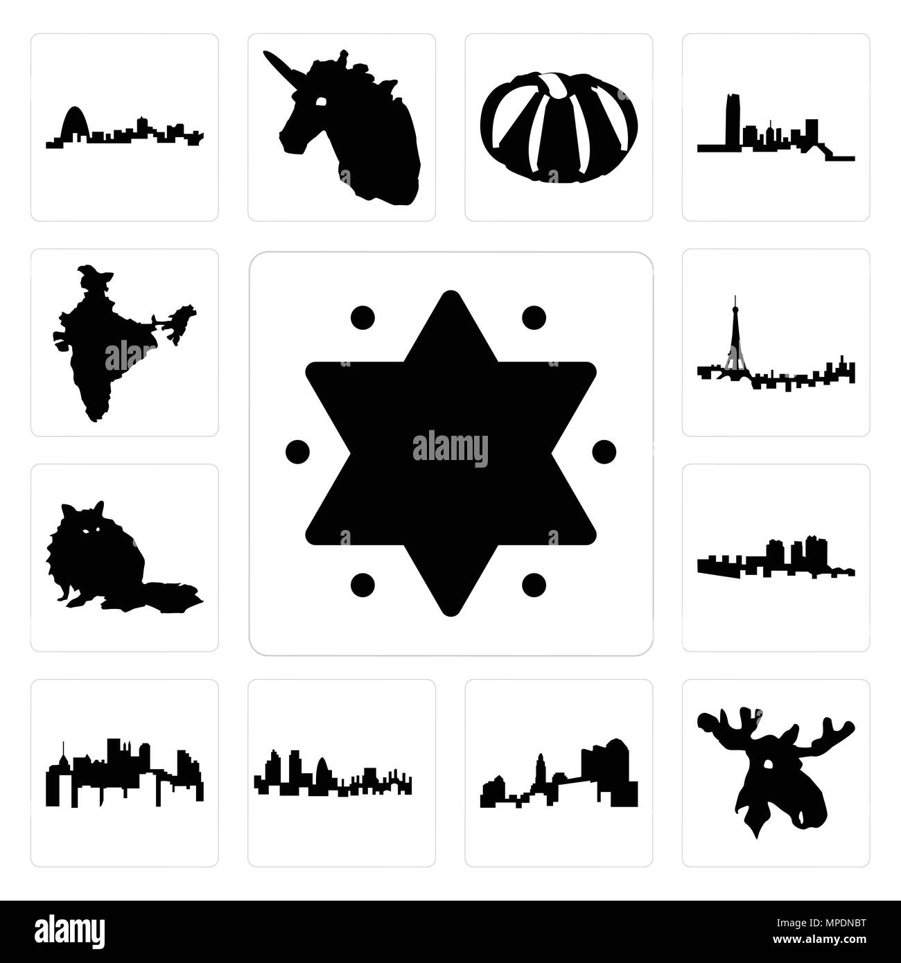 Ensemble de 13 icônes modifiable simple comme l'étoile de David, tête d'orignal, de l'Ohio, ville de Londres, New York State, Haïti, le raton laveur, paris l'Inde peut être utilisé f Illustration de Vecteur