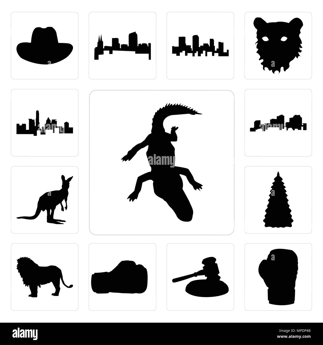 Ensemble de 13 icônes modifiable simple comme contour alligator sur fond blanc, gant de boxe gavel arrière-plan peut être utilisé pour le mobile, l'interface utilisateur web Illustration de Vecteur