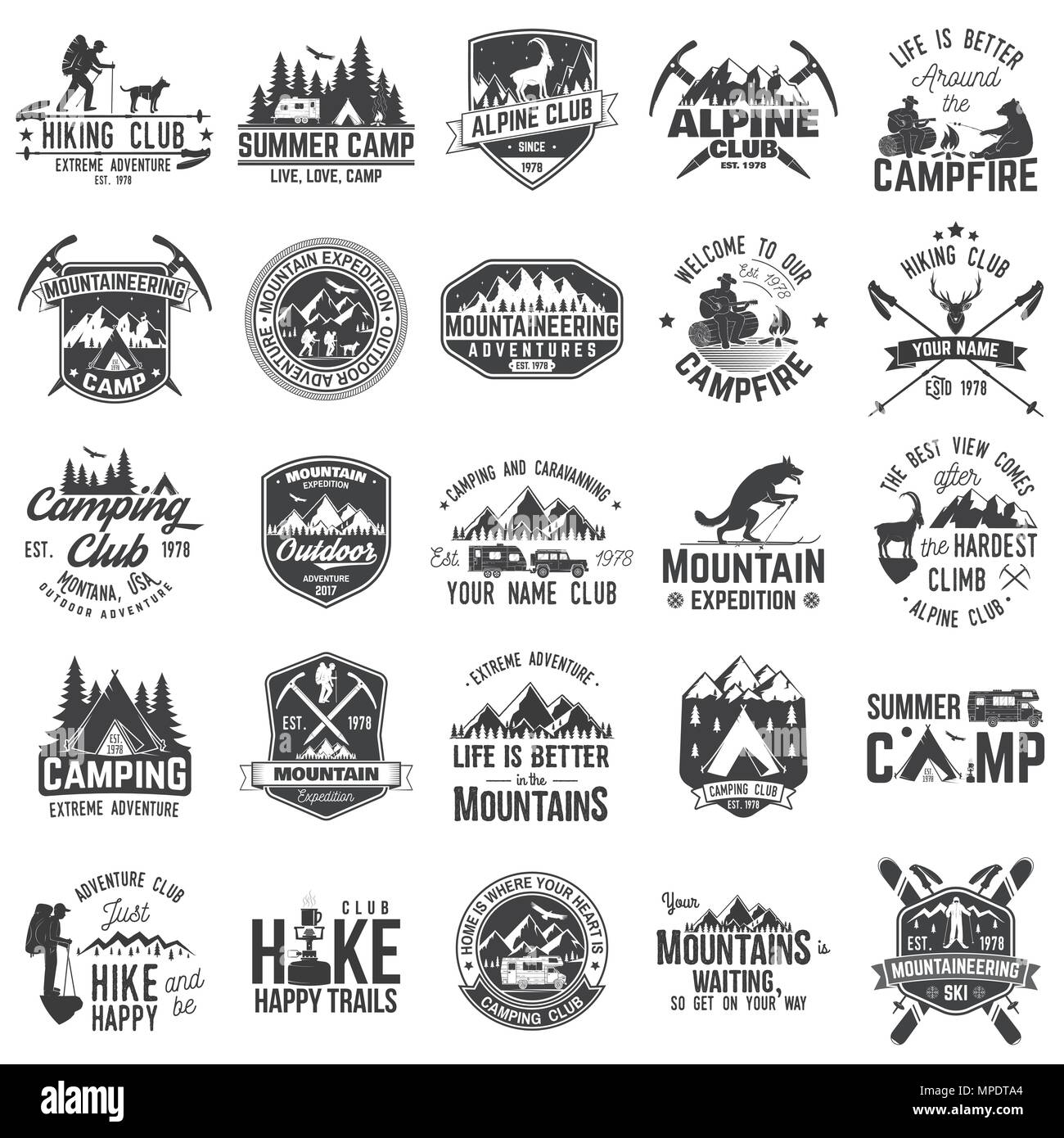 Camp d'été, le ski alpin et la randonnée club avec éléments de conception. Vector illustration. Ensemble d'insignes d'aventure extrême. Typographie vintage design avec rv trai Illustration de Vecteur