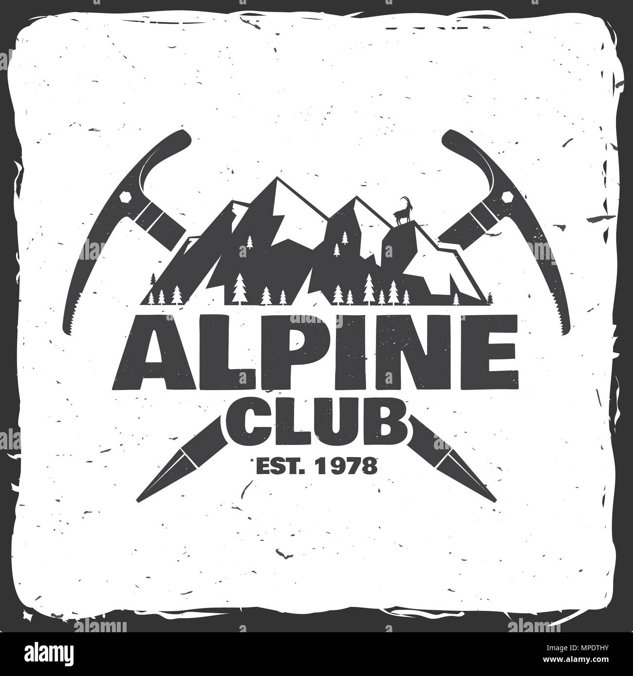 Badge du club alpin. Vector illustration. Concept pour chemise ou d'un logo, d'impression, de timbres ou de pièce en t. Typographie vintage design avec piolet, l'escalade et de chèvre Illustration de Vecteur