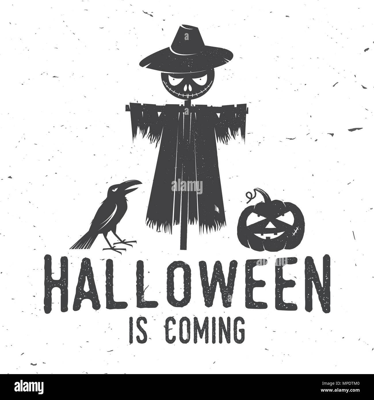 L'arrivée de l'Halloween concept. Vector retro Halloween badge. Les étiquettes ou d'incrustation pour chemise ou logo, print, sceau, timbre. Épouvantail avec Raven et le potiron. Illustration de Vecteur L'arrivée de l'Halloween concept. Vector retro Halloween badge. Les étiquettes ou d'incrustation pour chemise ou logo, print, sceau, timbre. Épouvantail avec Raven et le potiron. Illustration de Vecteur