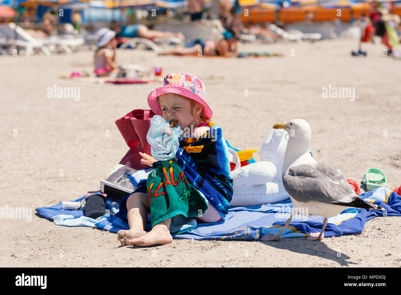 Petite fille est assise sur une serviette sur la plage et mange le miel  Baklava. Montres Seagull l'action et veut voler un morceau de nourriture  Photo Stock - Alamy