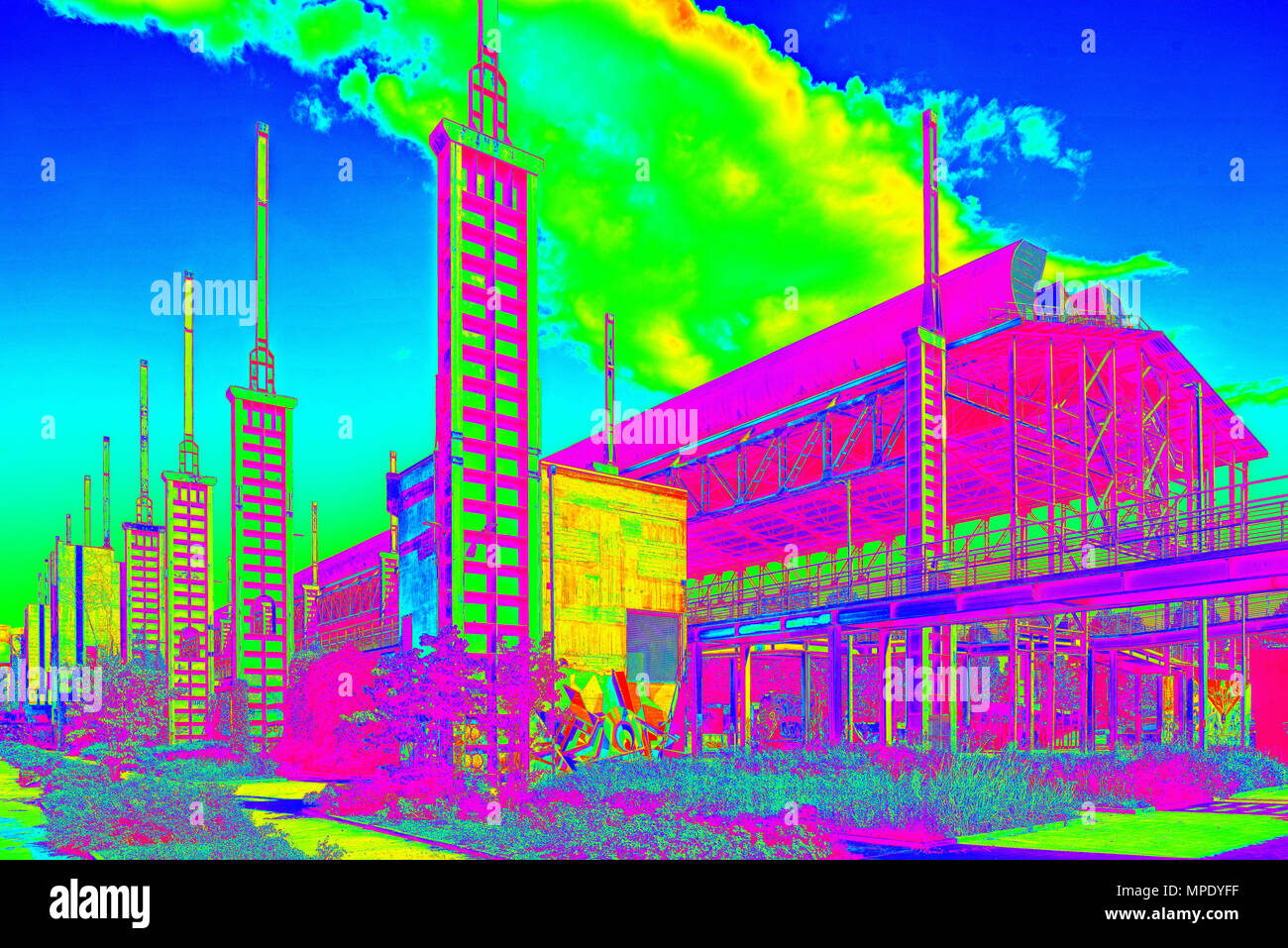 Parco Dora, intra-urbaine friche industrielle devenue ville postindustrielle, parc Vue générale (rendu en PS, style pop art), Turin, Italie Banque D'Images