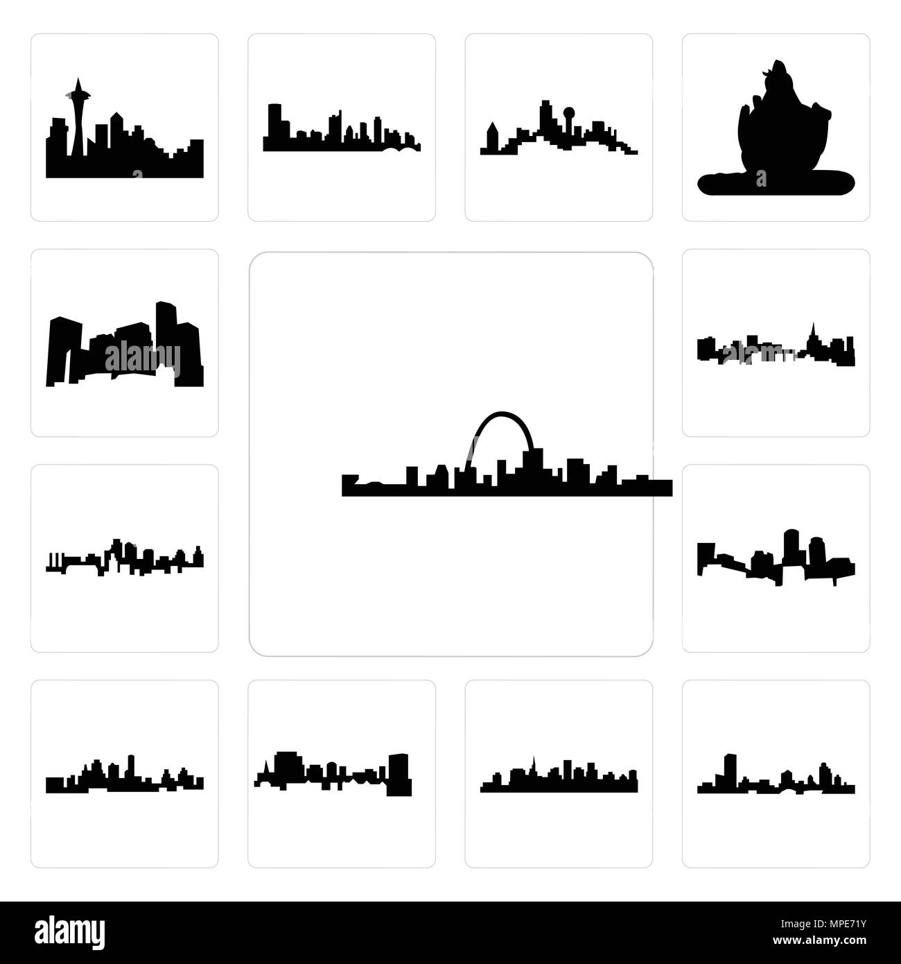 Ensemble de 13 icônes modifiable simple tels que St louis skyline, Wisconsin, Paul skyline sur fond blanc, , Caroline du Sud, Kansas City peut être utilisé pour le m Illustration de Vecteur