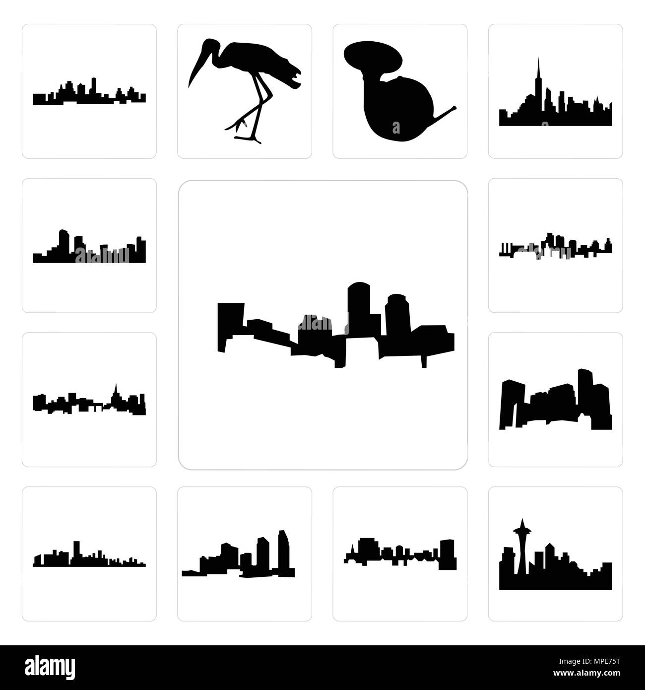 Ensemble de 13 icônes modifiable simple comme boston skyline sur fond blanc , seattle, Caroline du Sud, Long island, New York, Minnesota peut être utilisé pour Illustration de Vecteur Ensemble de 13 icônes modifiable simple comme boston skyline sur fond blanc , seattle, Caroline du Sud, Long island, New York, Minnesota peut être utilisé pour Illustration de Vecteur
