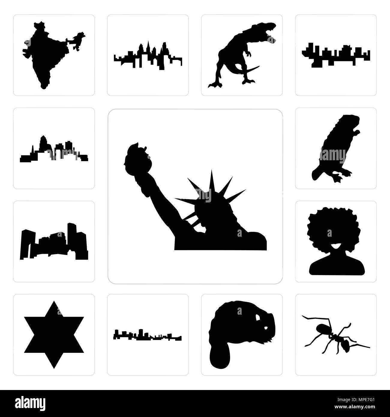Ensemble de 13 icônes modifiable simple comme la statue de la liberté, de l'ant, le castor, le Maryland contours, en noir, star david, afro, Minnesota, peut être utilisé pour mobil Illustration de Vecteur
