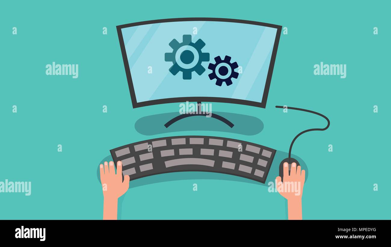 Mains à l'aide d'ordinateur pour config system vector illustration.La configuration ordinateur personnel concept Illustration de Vecteur