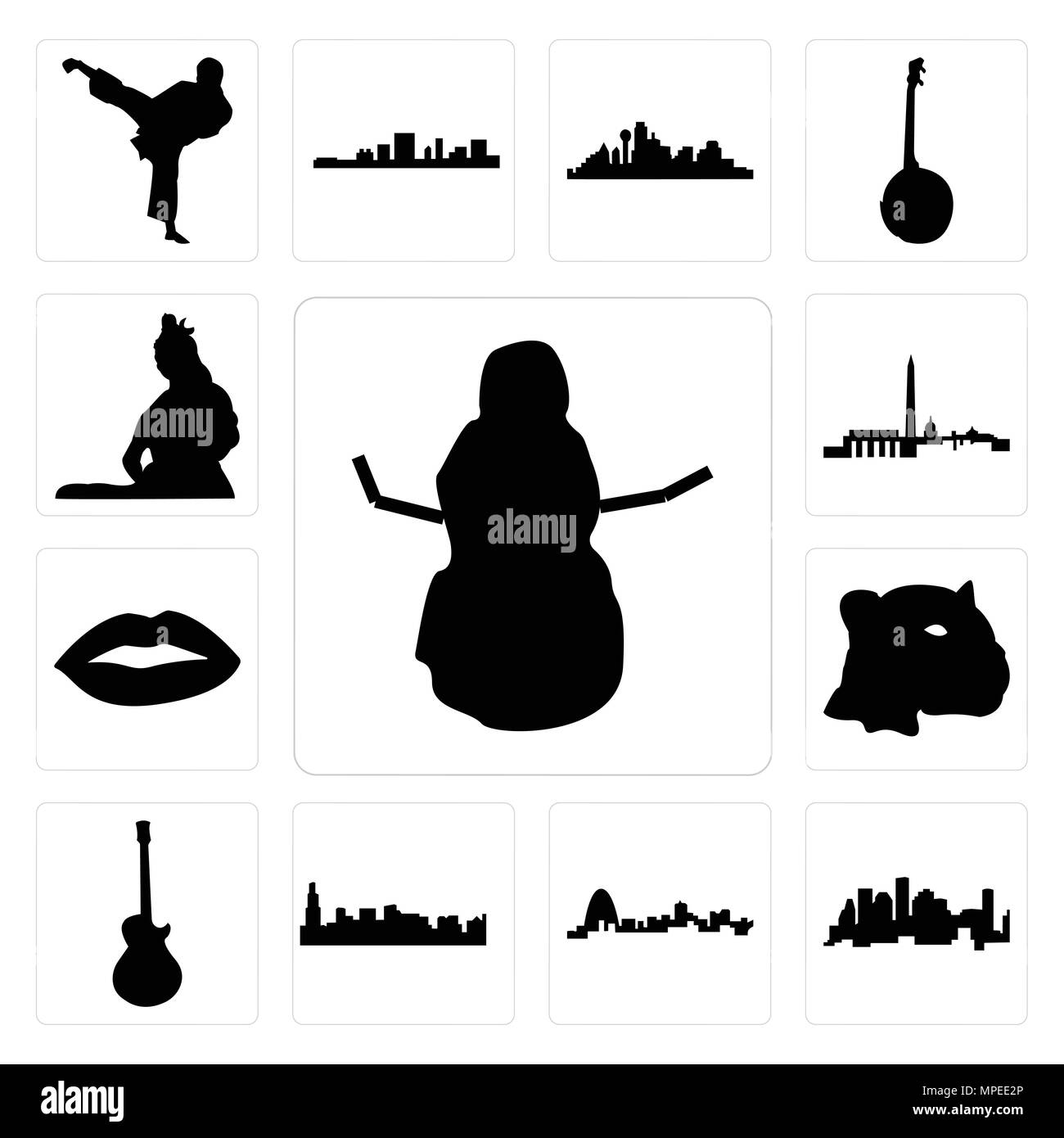 Ensemble de 13 icônes modifiable simple comme snowman, Houston skyline, New York, Chicago droit les paul, Jaguar, visage, lèvres, dc skyline peut être utilisé pour mobi Illustration de Vecteur