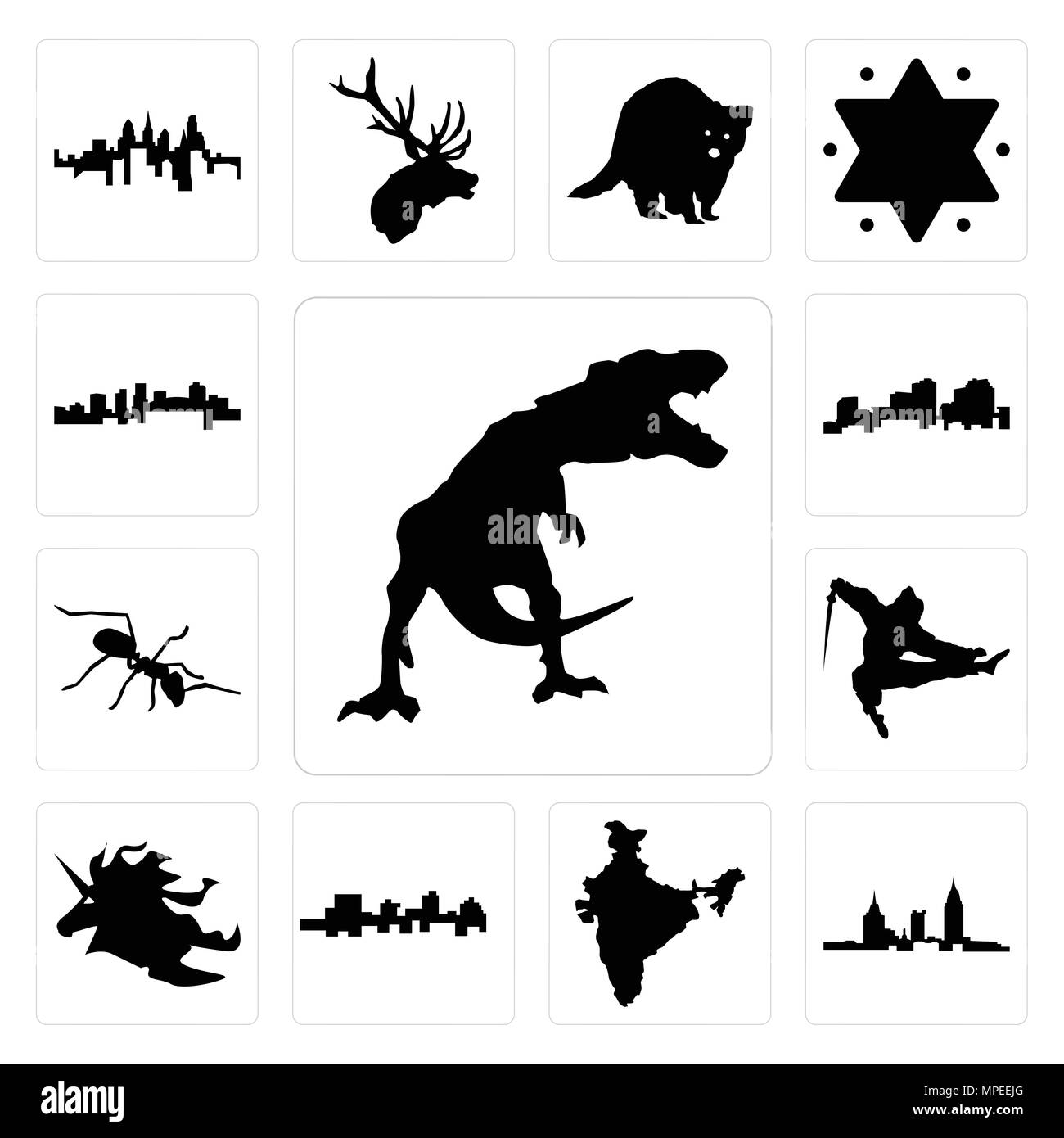 Ensemble de 13 icônes modifiable simple comme le t rex, Alabama, Inde, Jamaïque, tête de licorne, ninja, ant, Louisiane contours sur fond blanc, de l'Arkansas peut Illustration de Vecteur