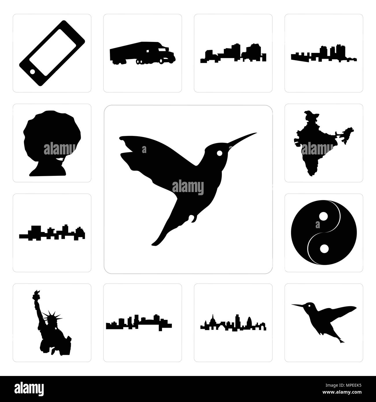Ensemble de 13 icônes modifiable simple comme hummingbird, toits de Londres, New York, statue de la liberté, Yin Yang, la Jamaïque, l'Inde, afro peut être utilisé pour mobil Illustration de Vecteur