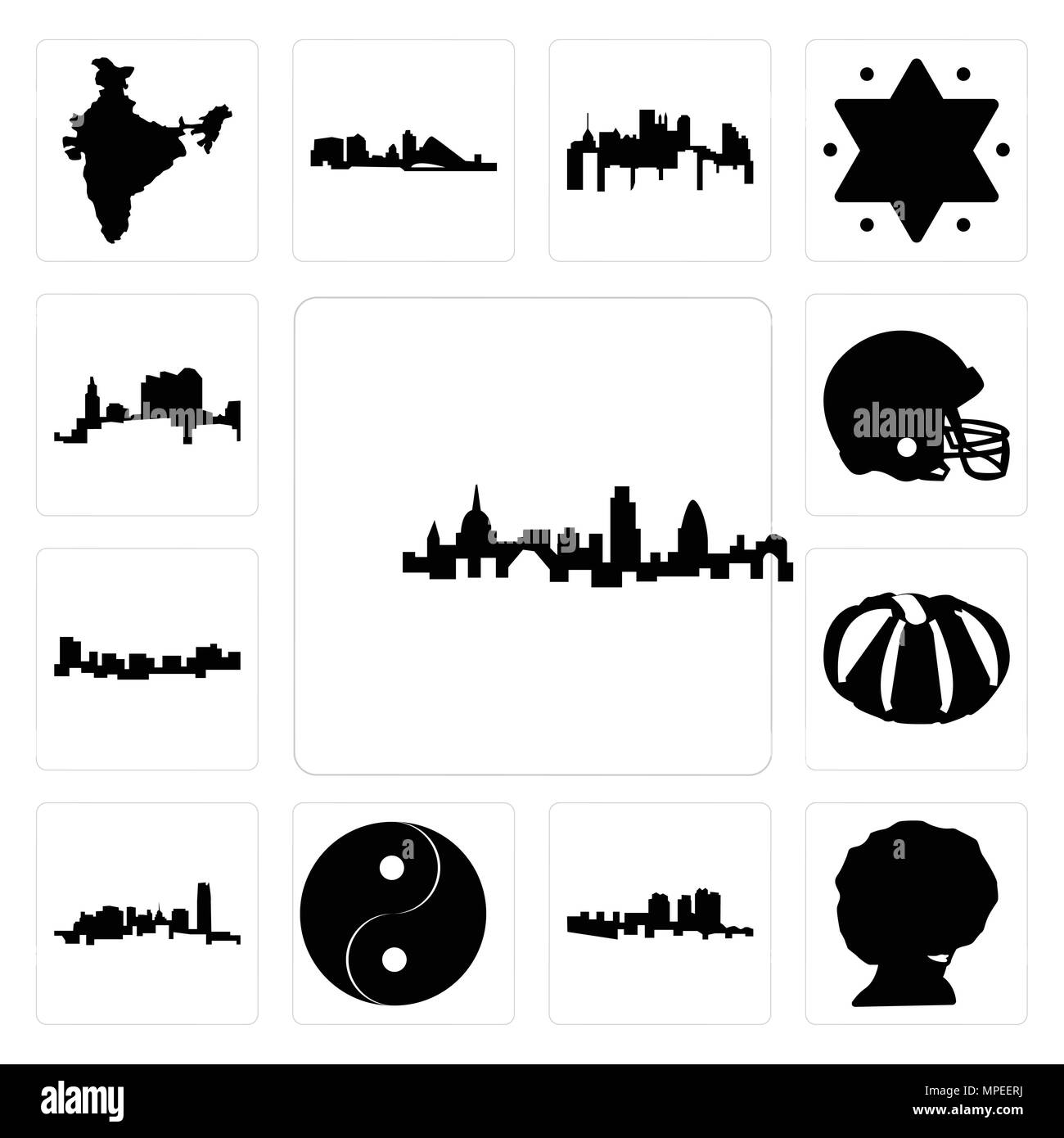 Ensemble de 13 icônes modifiable simple comme horizon de Londres, afro, Haïti, Yin Yang, New York, la citrouille, la Jamaïque, football helmet, Ohio) peut être utilisé pour mobil Illustration de Vecteur