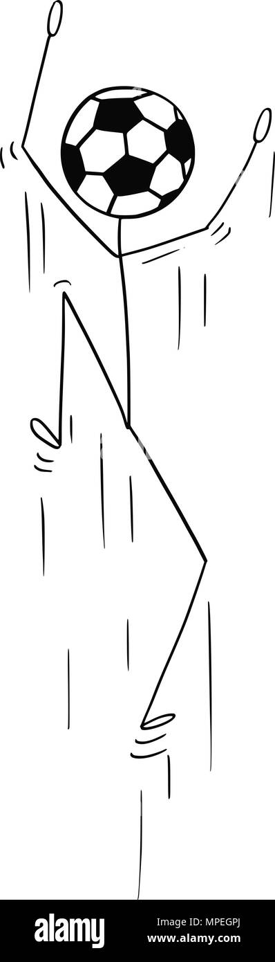Caricature de Stick Man Caractère avec ballon de soccer ou de football à la tête de saut et de célébrer Illustration de Vecteur
