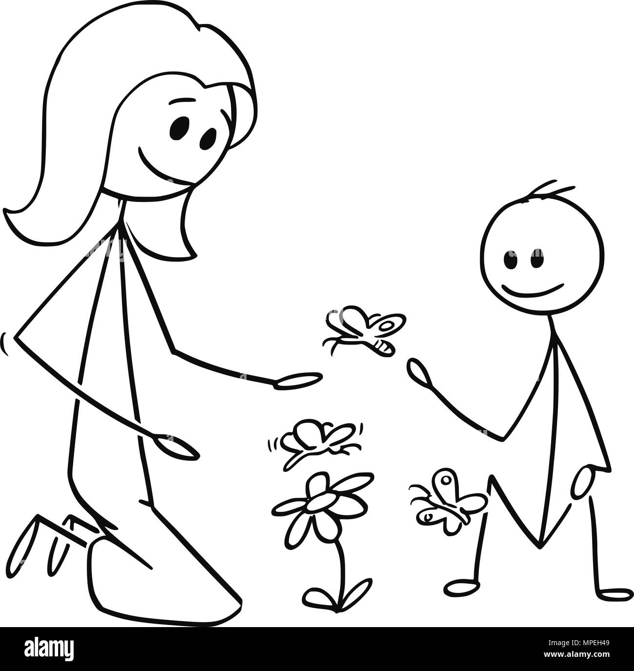 Caricature de la mère et le fils en regardant les fleurs et papillons Illustration de Vecteur