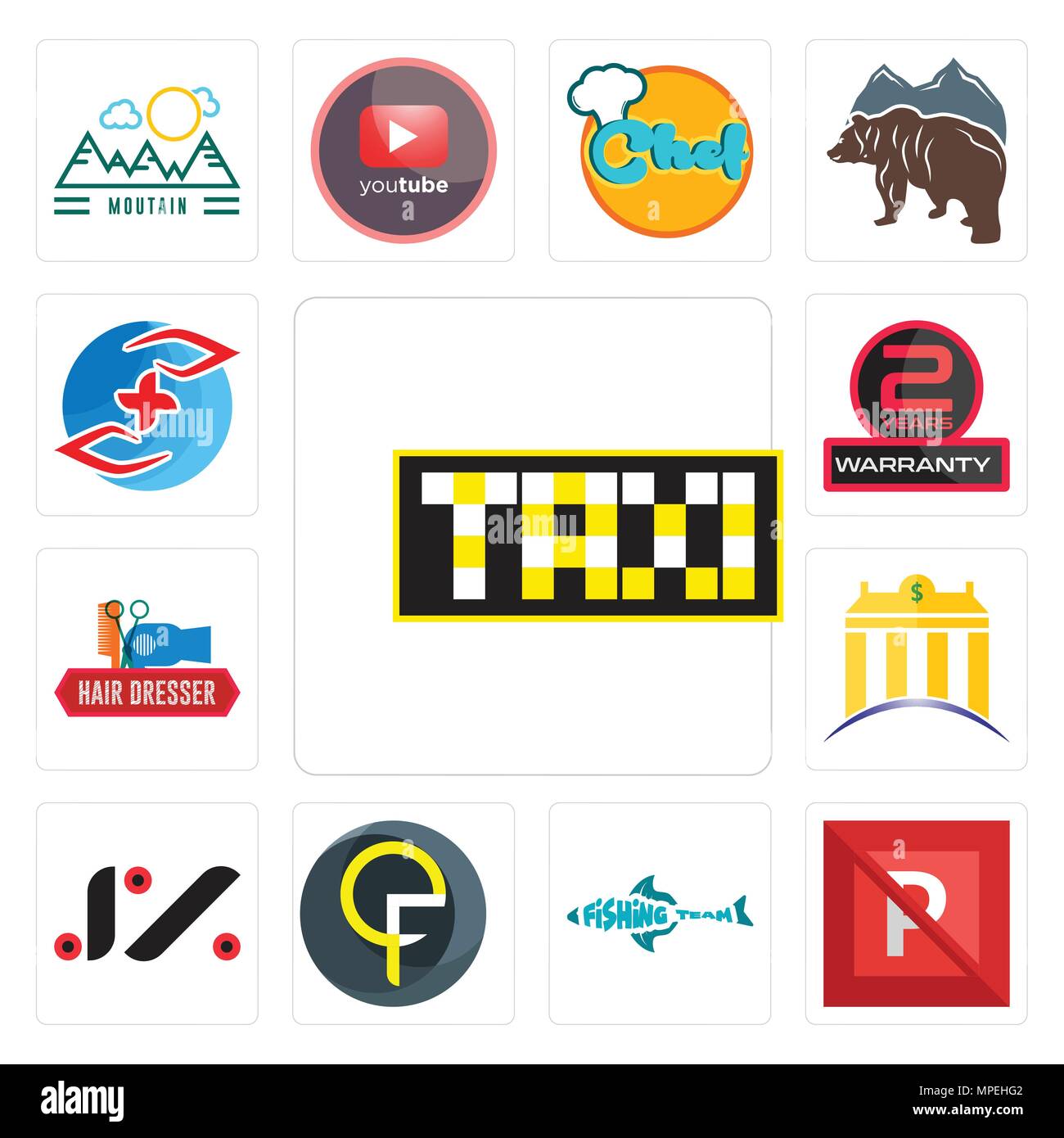 Ensemble de 13 icônes modifiable simple comme taksi, pas de parking, l'équipe de pêche, qf, jz, banque, coiffeur, 2 ans de garantie, l'assurance-maladie peut être utilisé pour mobi Illustration de Vecteur