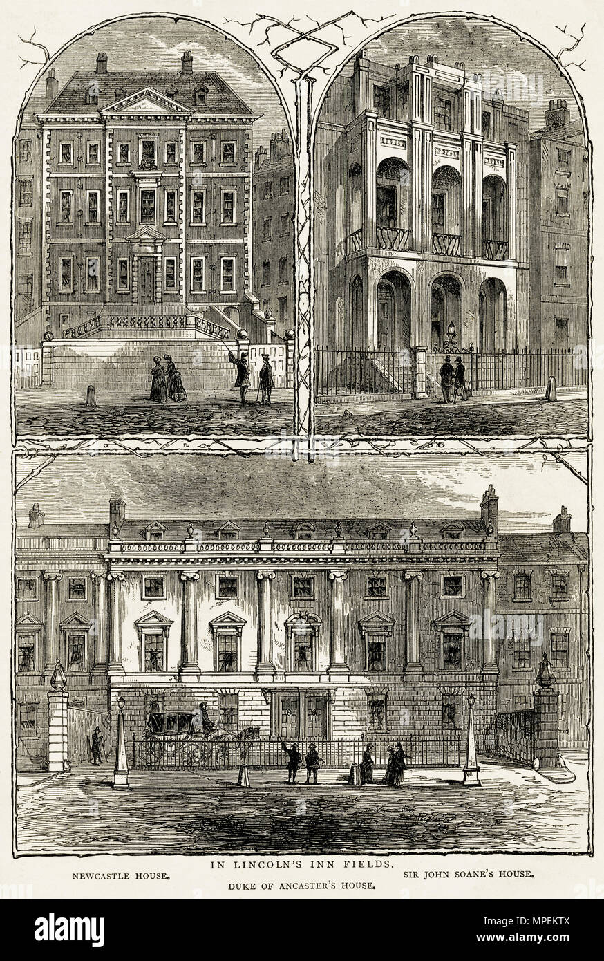 Grand maisons de Lincoln's Inn Fields London England UK, maison de Newcastle, Sir John Soane's House & Duc d'Ancaster's House. 19ème siècle gravure victorienne circa 1878 Banque D'Images