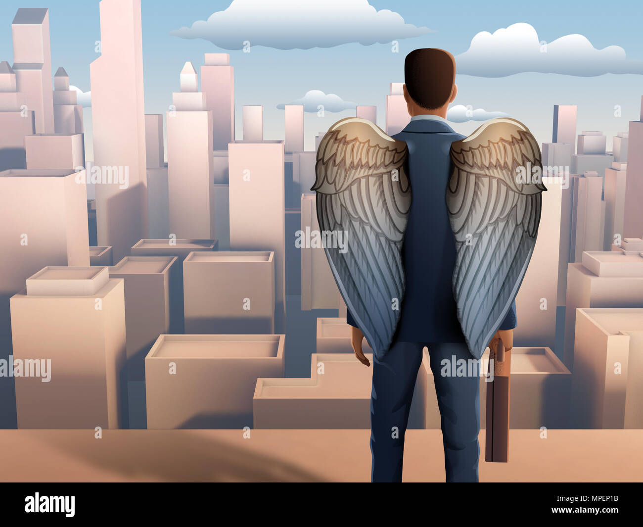 Homme d'ailes à plus d'une ville moderne. 3D illustration. Banque D'Images