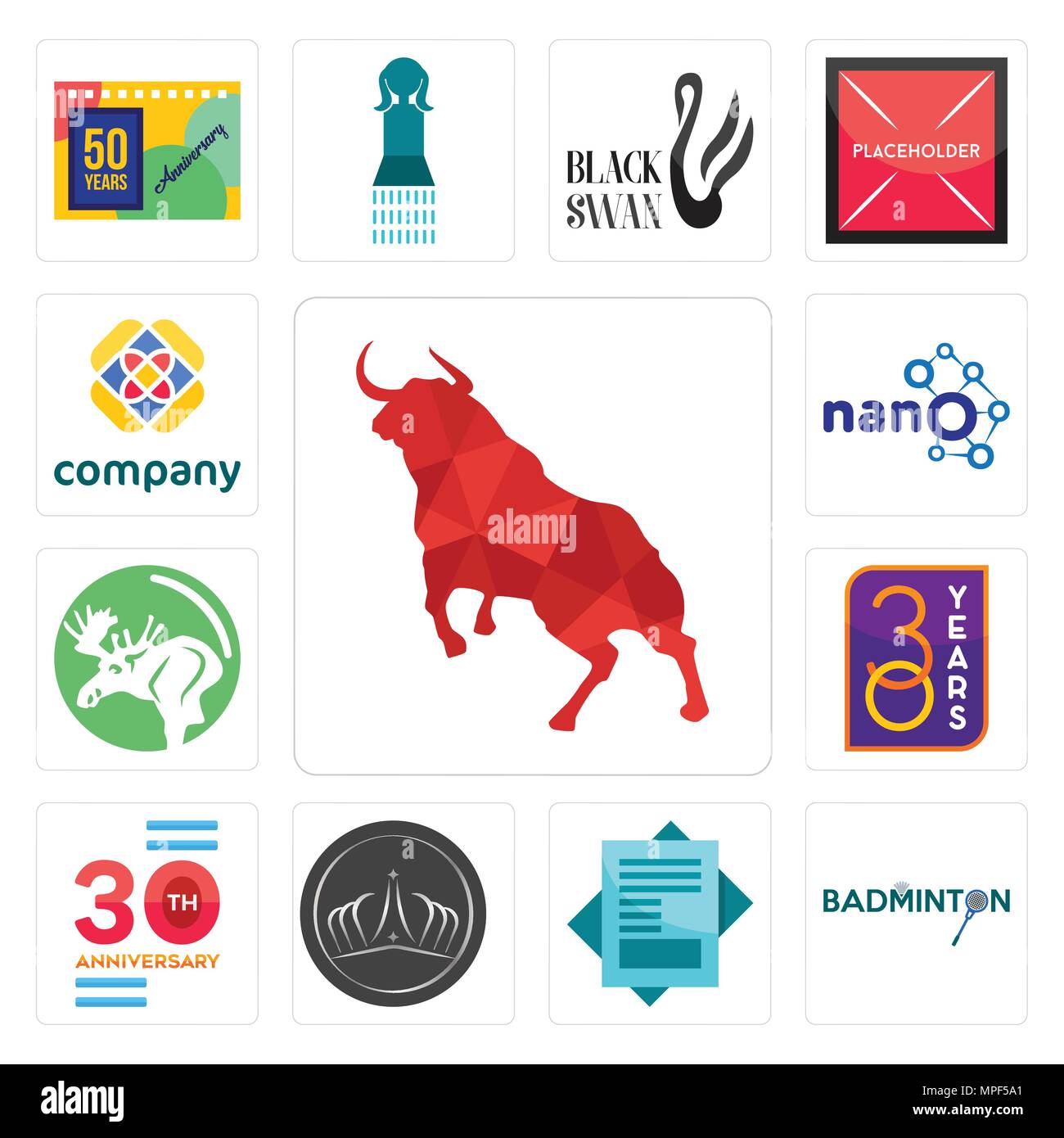 Ensemble de 13 icônes modifiable simple comme bull, badminton, état, Tiara, 30 anniversaire, l'année, l'orignal, nano, peut être utilisé pour le mobile, l'interface utilisateur web Illustration de Vecteur