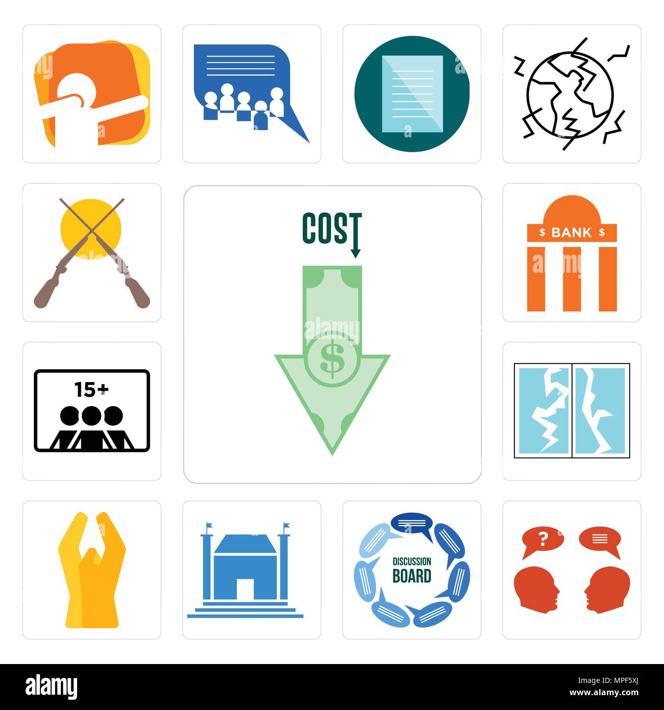 Ensemble de 13 icônes modifiable simple orientutions tels que le coût, l'enquête, la discussion board, municipal, mains jointes, verre brisé, nombre de joueurs, agence bancaire, Illustration de Vecteur