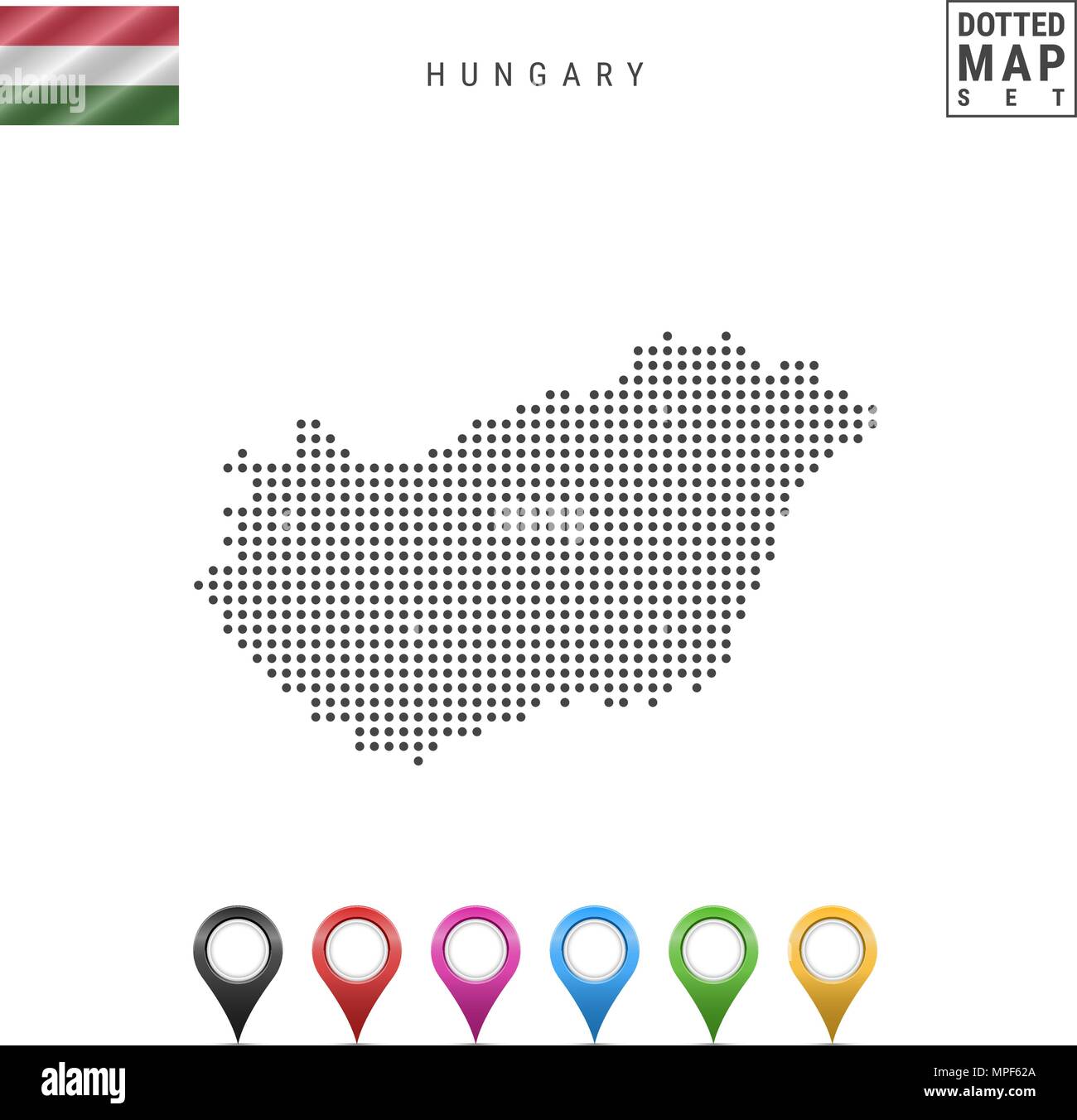 La carte à points vecteur de la Hongrie. Silhouette simple de la Hongrie. Drapeau national de la Hongrie. Ensemble de marqueurs carte multicolore Illustration de Vecteur