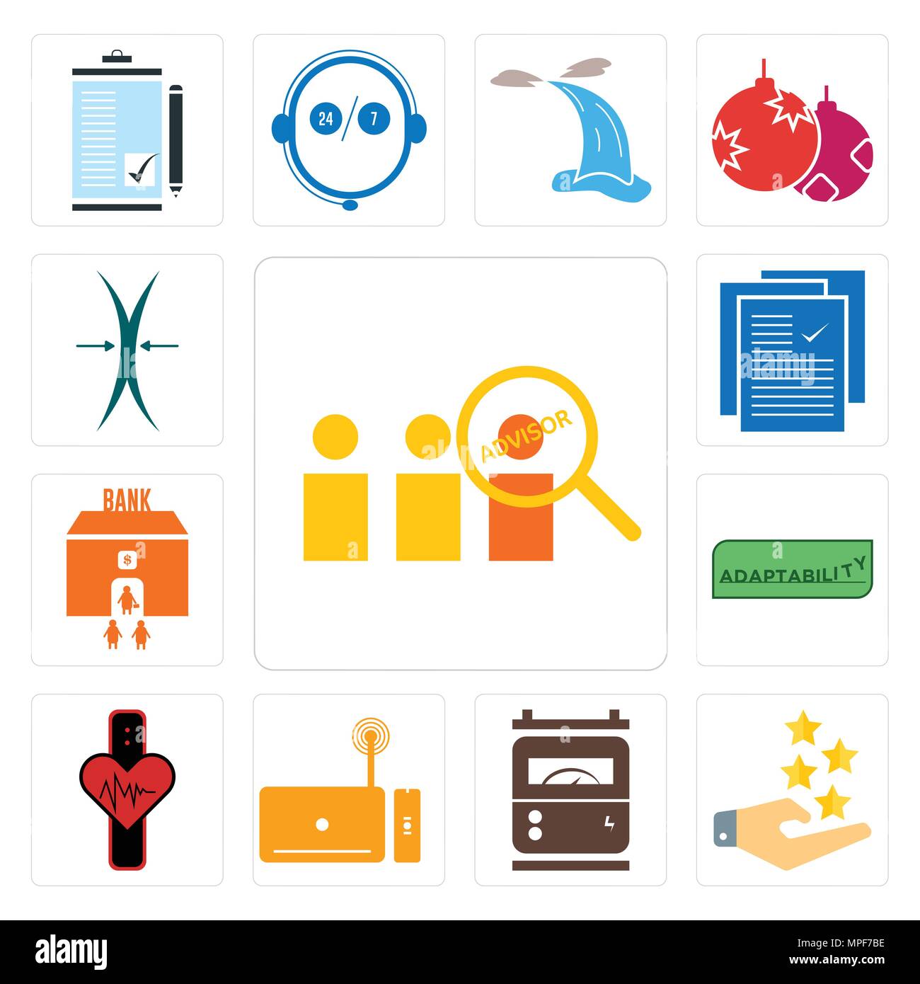 Ensemble de 13 icônes modifiable simple comme conseiller, expérience client, compteur électrique, set top box, tracker, adaptabilité, agence bancaire, spécifications, Illustration de Vecteur