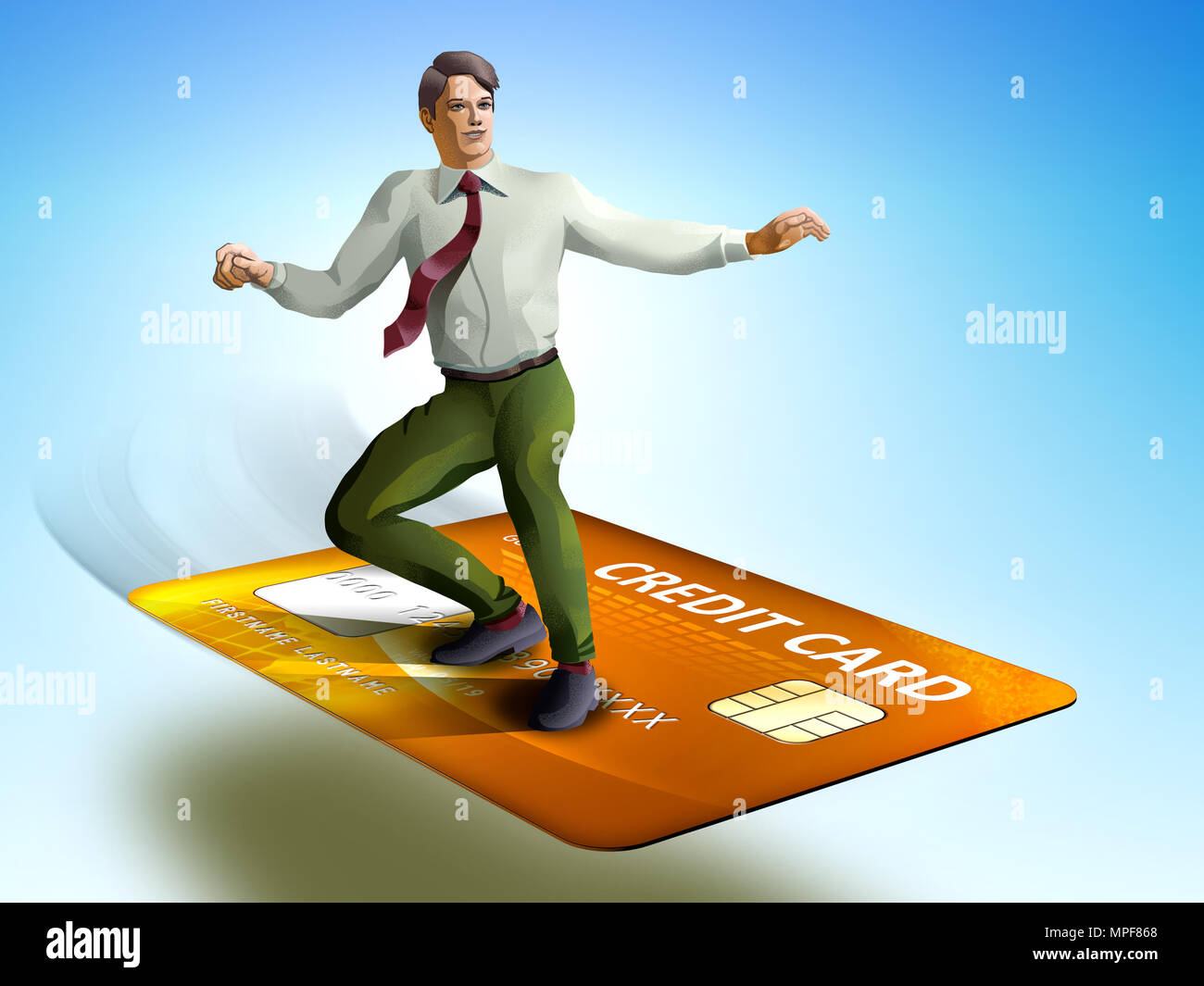 Businessman surfant sur une carte de crédit. Illustration numérique. Banque D'Images