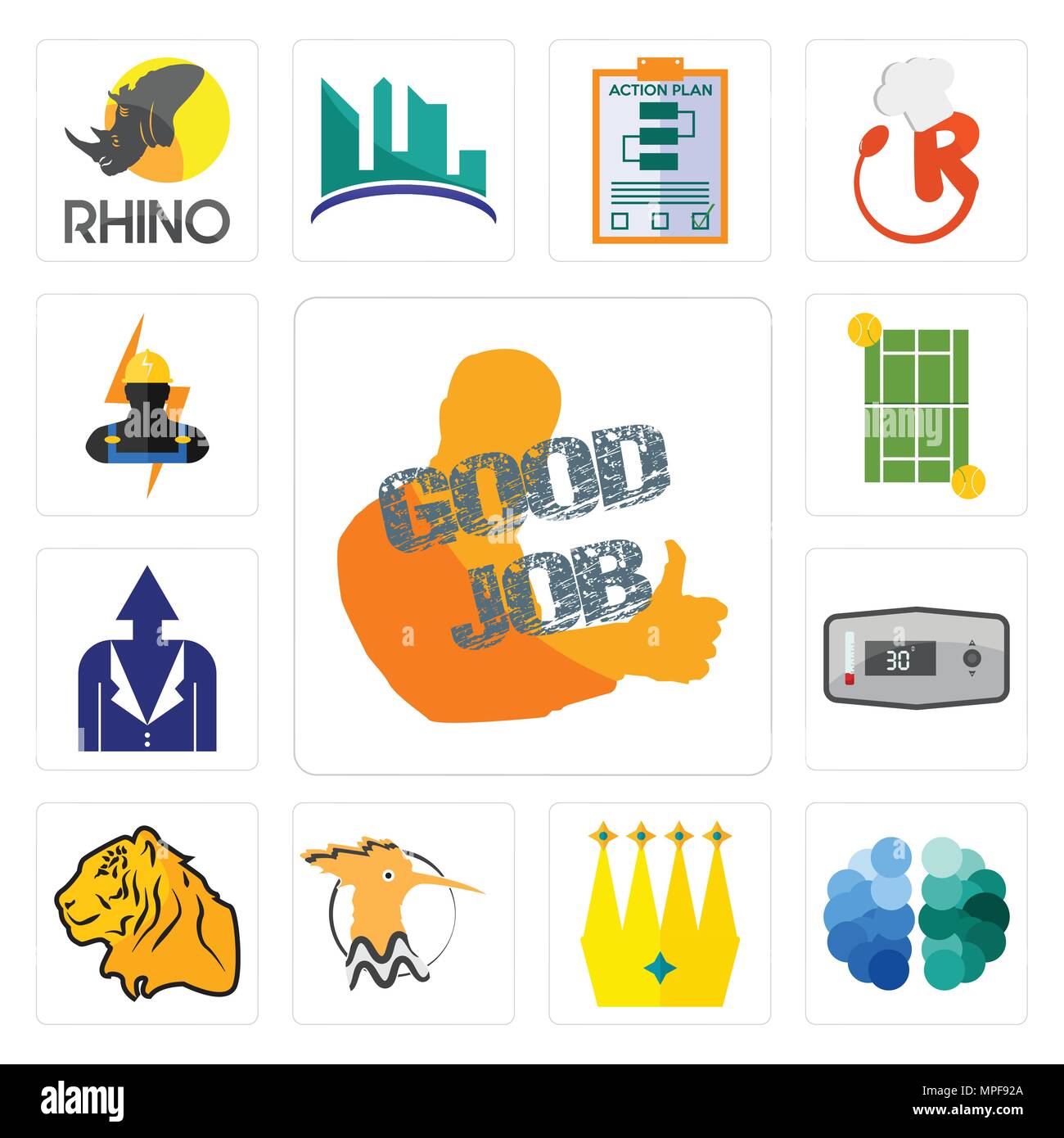 Ensemble de bon travail, cerveau, couronne, huppe fasciée, tigre, thermostat, développement personnel, court de tennis, des icônes d'électricien Illustration de Vecteur