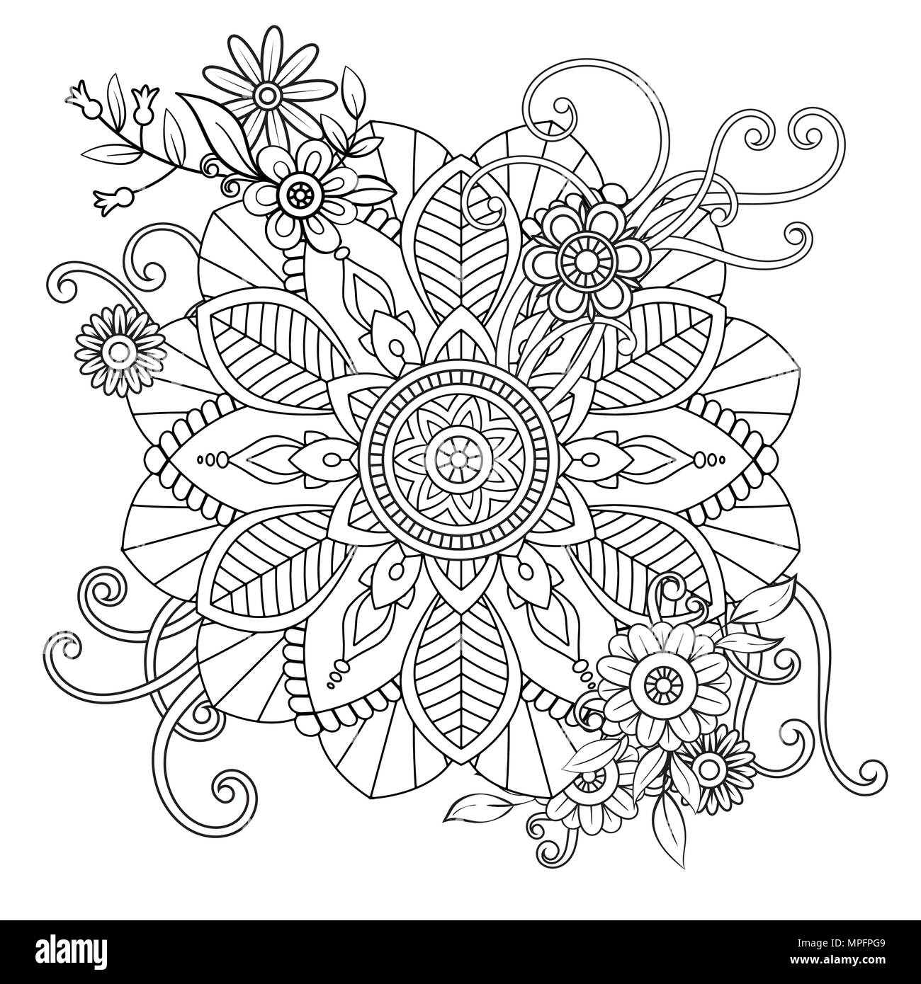 Motif floral mandala en noir et blanc. Livre de coloriage adultes page avec des fleurs et des mandalas. Motif Oriental, affiche des éléments décoratifs. . Hand drawn vector illustration Illustration de Vecteur
