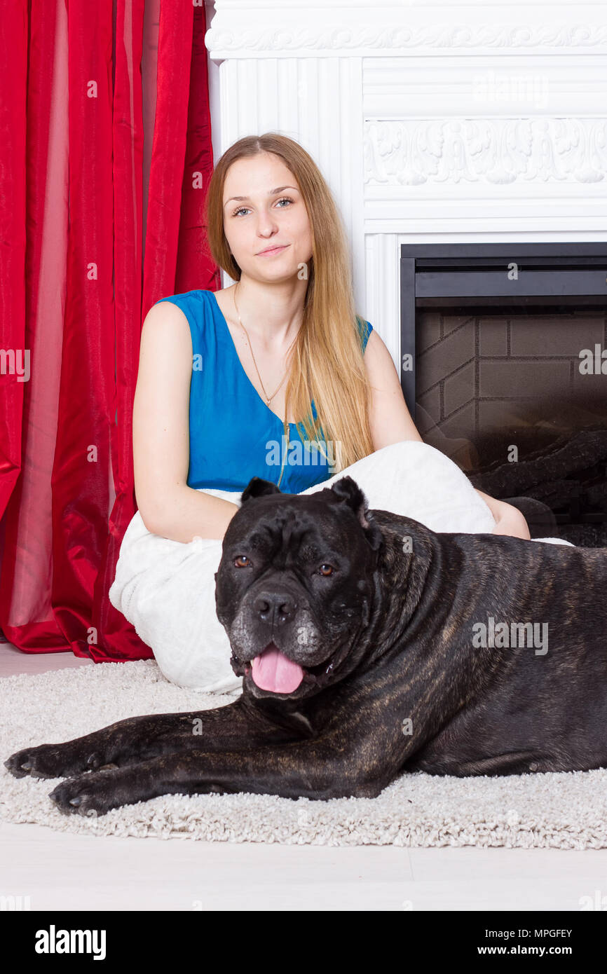 Fille en robe bleue s'asseoir près de la cheminée avec un chien Cane Corso  Photo Stock - Alamy