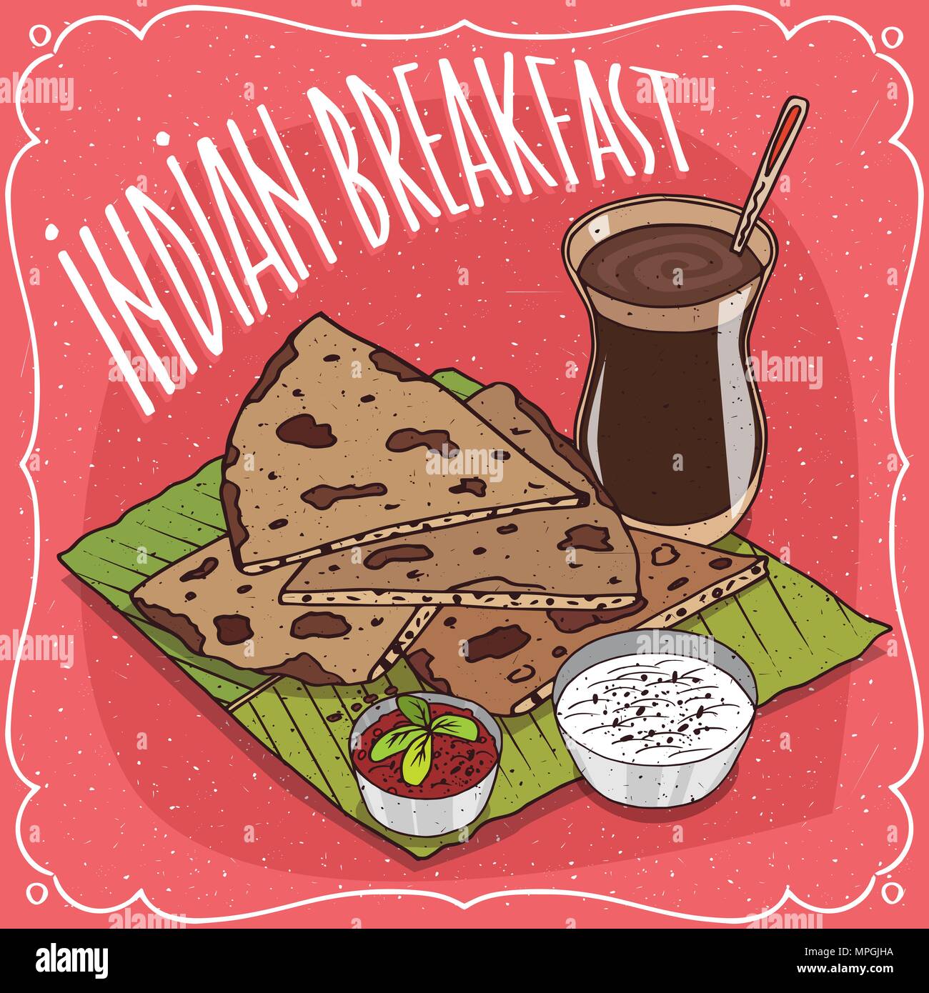 Un petit-déjeuner traditionnel, de l'alimentation de la cuisine indienne, des morceaux de pain plat avec la sauce et du fromage, sur la plaque d'une feuille de bananier et masala thé chai. Hand drawn co Illustration de Vecteur