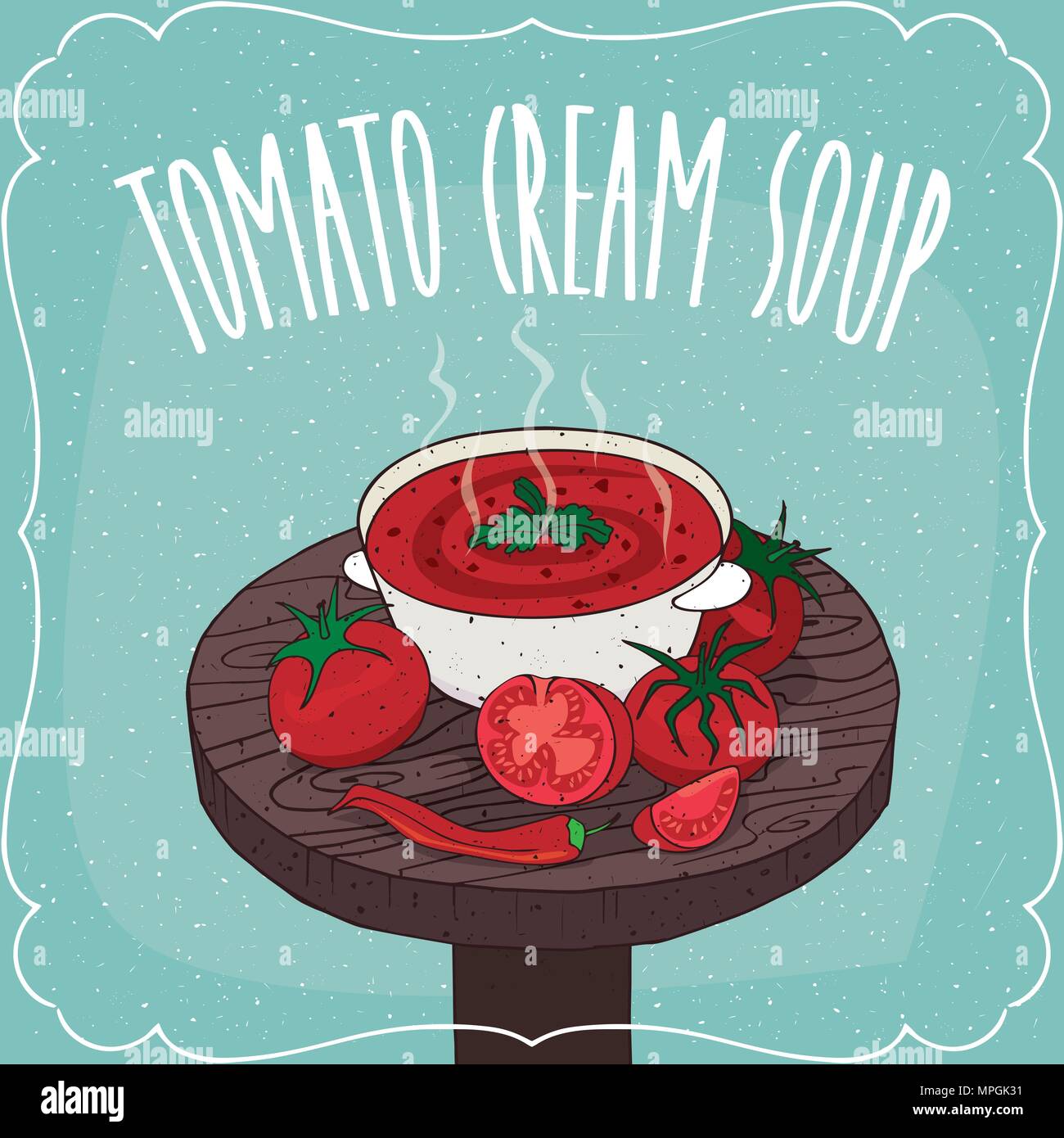 Plaque profonde à la tomate soupe de crème sur la table ronde en bois avec des tomates et piment du pod. Dessiner à main réaliste style. Tomate lettrage Crea Illustration de Vecteur