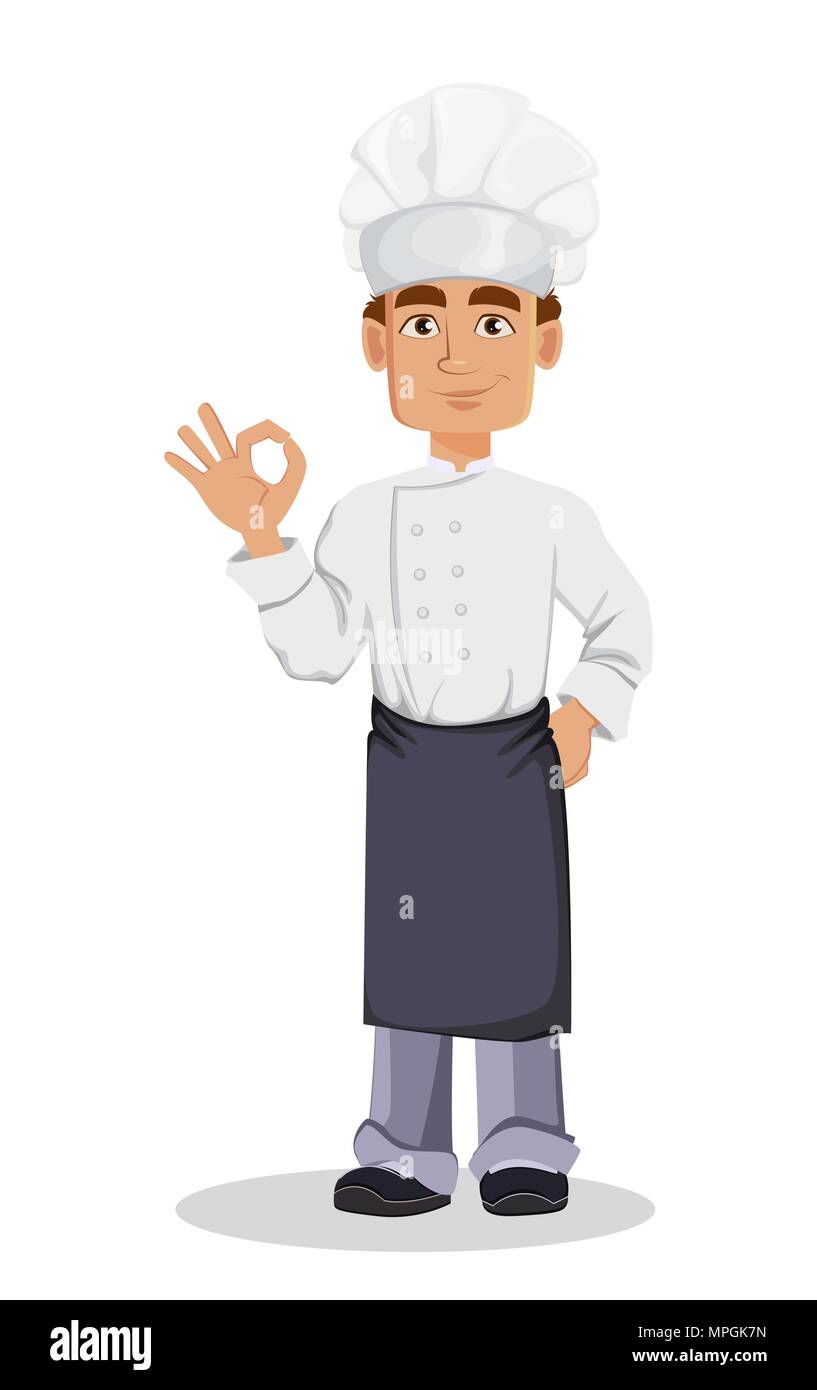 Beau Baker en uniformité professionnelle et chef hat montrant ok signe. Joyeux personnage. Vector illustration sur fond blanc. Illustration de Vecteur