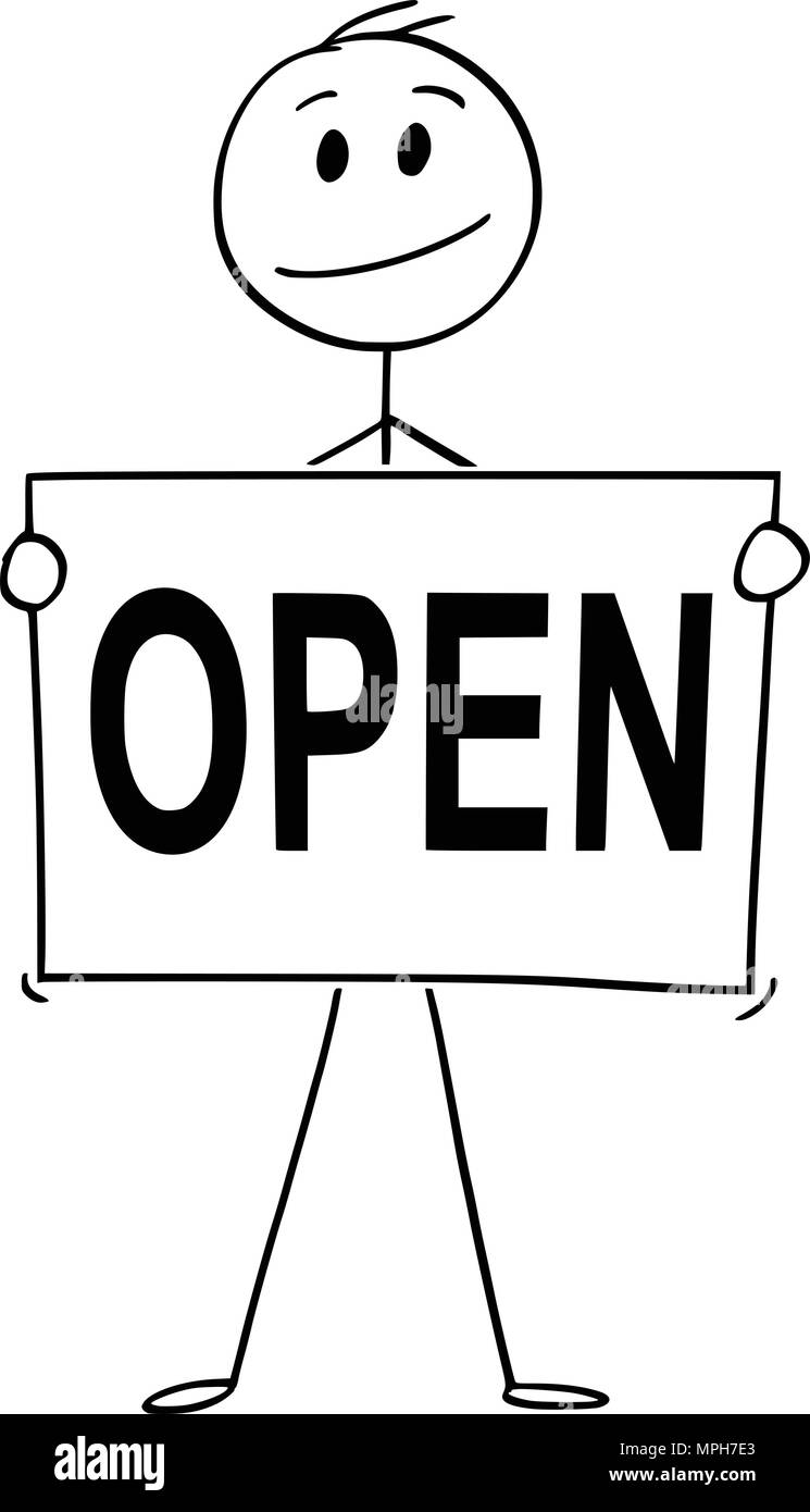 Caricature de l'homme ou Businessman Holding Sign avec Open Text Illustration de Vecteur Caricature de l'homme ou Businessman Holding Sign avec Open Text Illustration de Vecteur