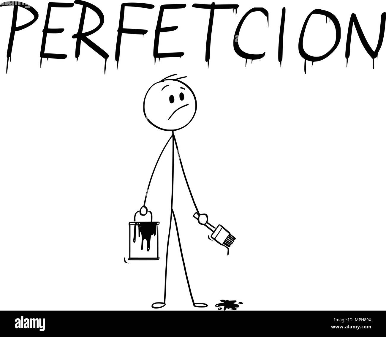 Caricature de Businessman avec pinceau et Peinture Peinture le mot Perfection avec erreur d'orthographe Illustration de Vecteur