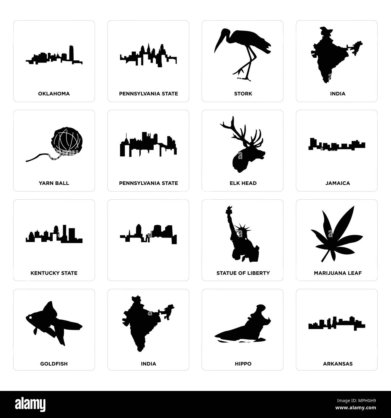 Ensemble de 16 icônes modifiable simple comme l'Arkansas, l'hippopotame, l'Inde, les poissons rouges, feuilles de marijuana, New York, d'un fil ball, Kentucky State, elk head peut être utilisé fo Illustration de Vecteur