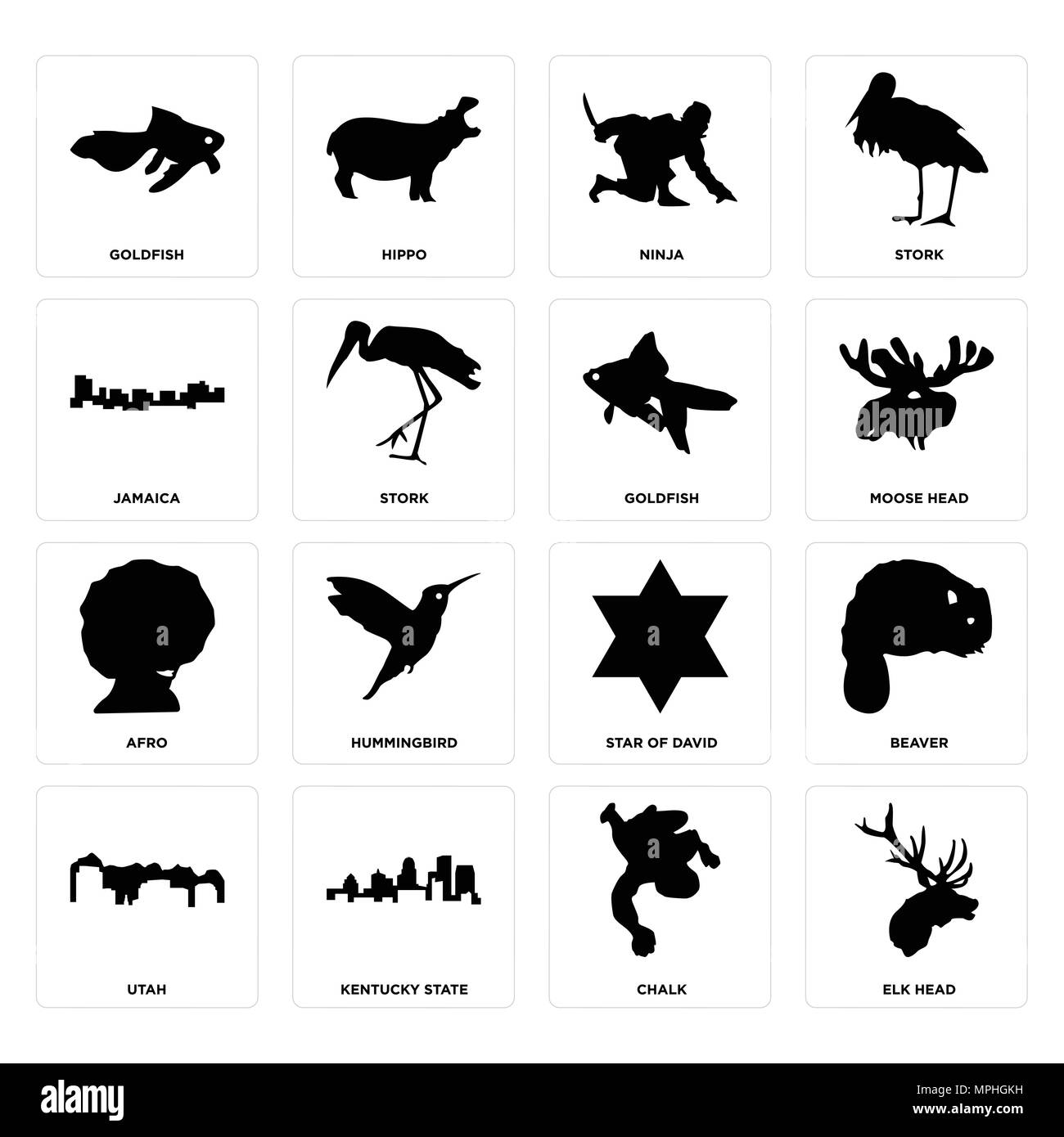 Ensemble de 16 icônes modifiable simple comme le wapiti, tête de la craie, Kentucky State, de l'Utah, le castor, le carassin, la Jamaïque, afro, poisson rouge peut être utilisé pour le mobile, web U Illustration de Vecteur