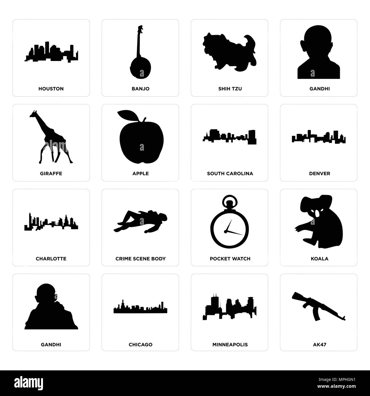 Ensemble de 16 icônes modifiable simple comme l'ak47, Minneapolis, Chicago, Gandhi, koala, Houston, girafe, Charlotte, Caroline du Sud peut être utilisé pour le mobile, Illustration de Vecteur