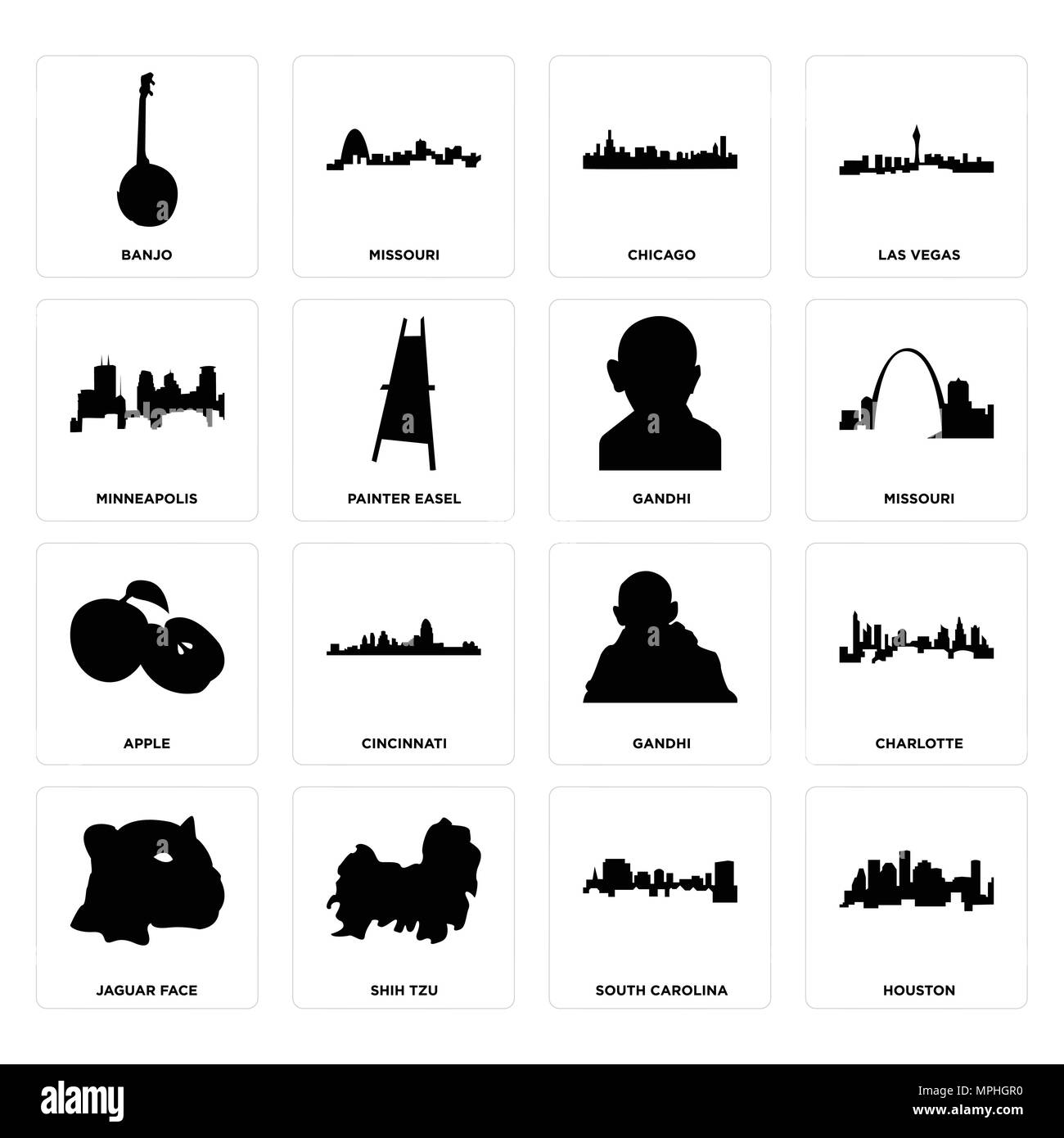 Ensemble de 16 icônes modifiable simple comme Houston, Caroline du Sud, shih tzu, jaguar face, charlotte, banjo, Minneapolis, Gandhi, Apple peut être utilisé pour le m Illustration de Vecteur