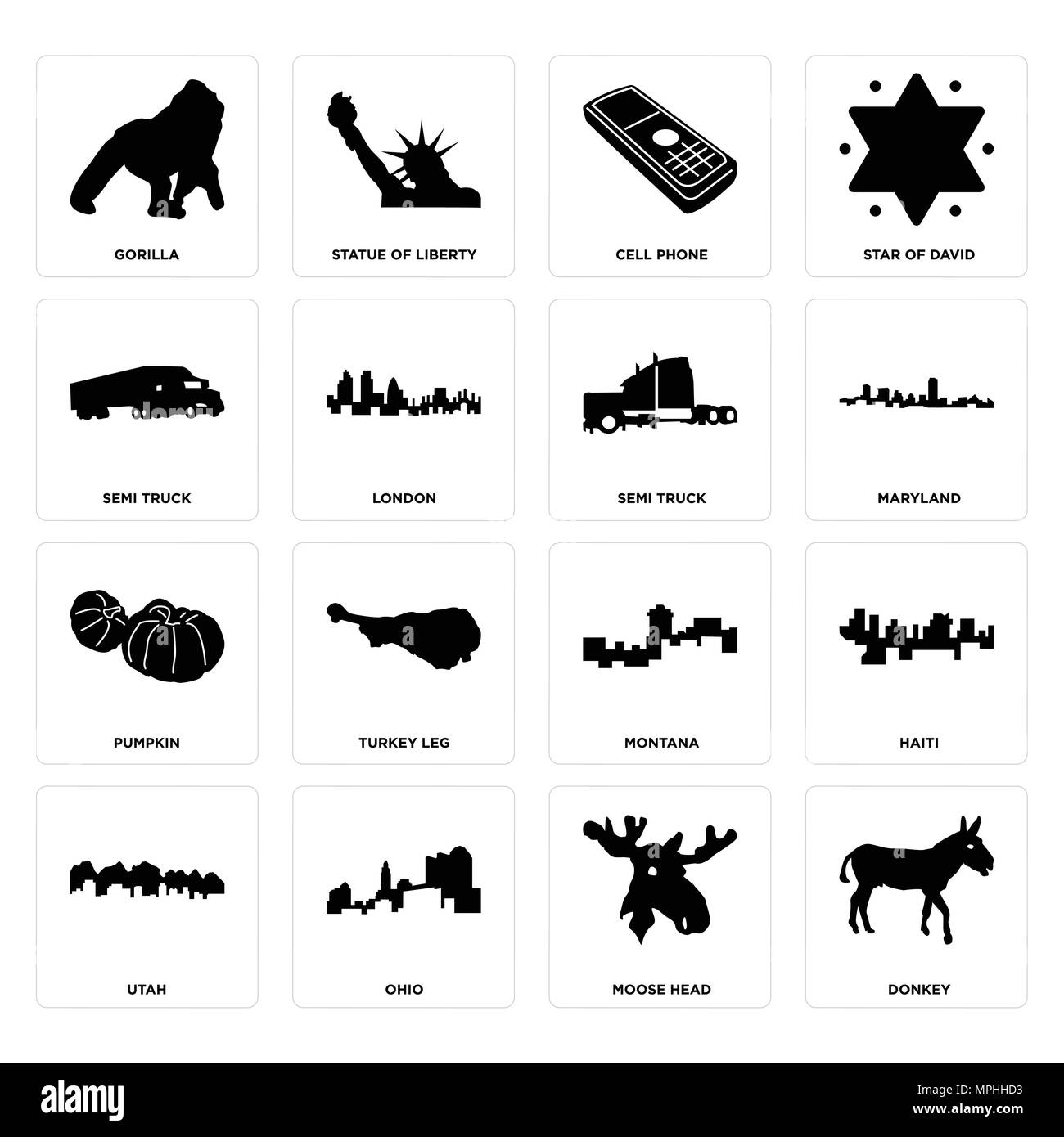 Ensemble de 16 icônes modifiable simple comme l'âne, tête d'orignal, de l'Ohio, de l'Utah, Haïti, gorille, semi truck, citrouille, chariot peut être utilisé pour le mobile, l'interface utilisateur web Illustration de Vecteur