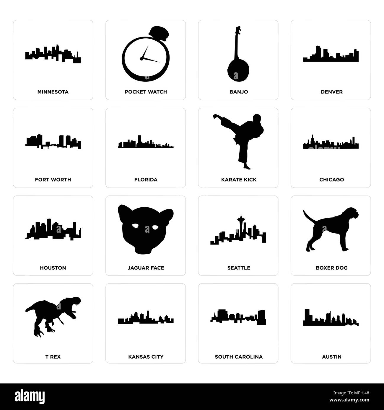 Ensemble de 16 icônes modifiable simple comme austin, Caroline du Sud, Kansas City, t rex, chien boxer, Minnesota, Fort Worth, Houston, karate kick peut être utilisé Illustration de Vecteur