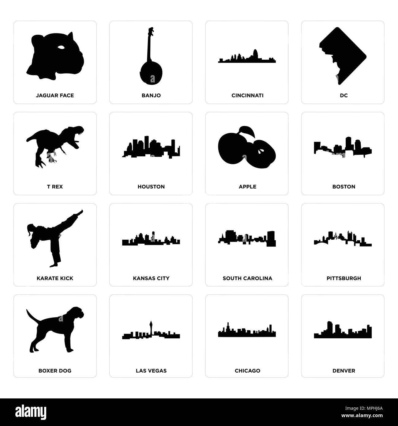 Ensemble de 16 icônes modifiable simple comme Denver, Chicago, Las Vegas, chien boxer, Pittsburgh, jaguar face, t rex, karate kick, Apple peut être utilisé pour mobi Illustration de Vecteur