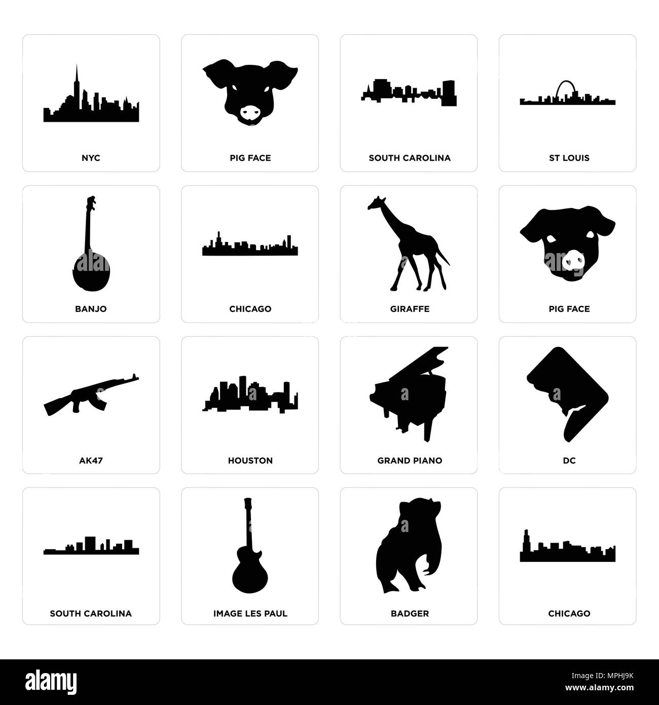 Ensemble de 16 icônes modifiable simple comme Chicago, Badger, libre de les paul, Caroline du Sud, dc, NYC, banjo, AK47, la girafe peut être utilisé pour le mobile, l'interface utilisateur web Illustration de Vecteur