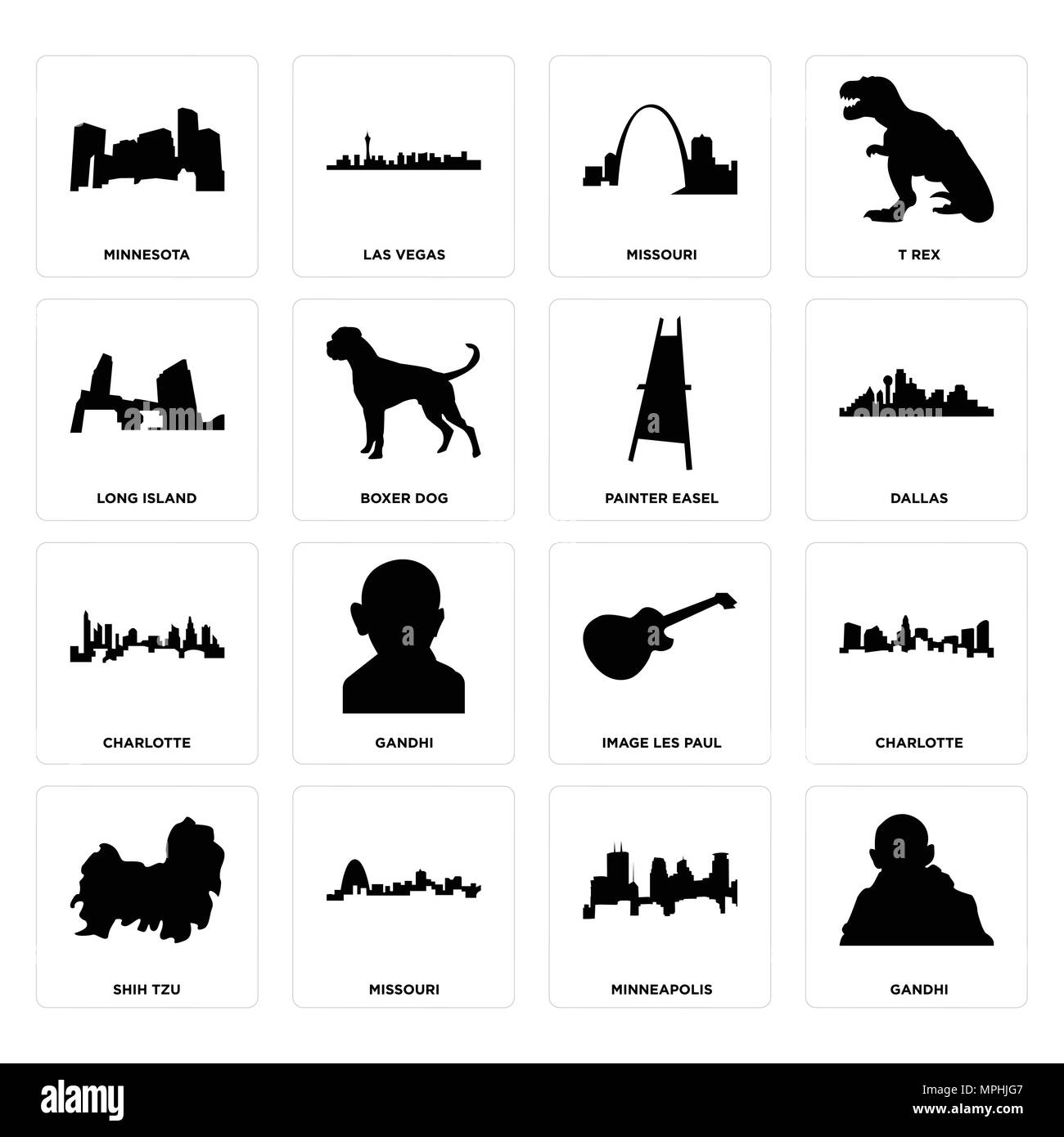 Ensemble de 16 icônes modifiable simple comme Gandhi, Minneapolis, Minnesota, shih tzu, charlotte, Minnesota, Long island, peintre chevalet, peut être utilisé pour mobi Illustration de Vecteur