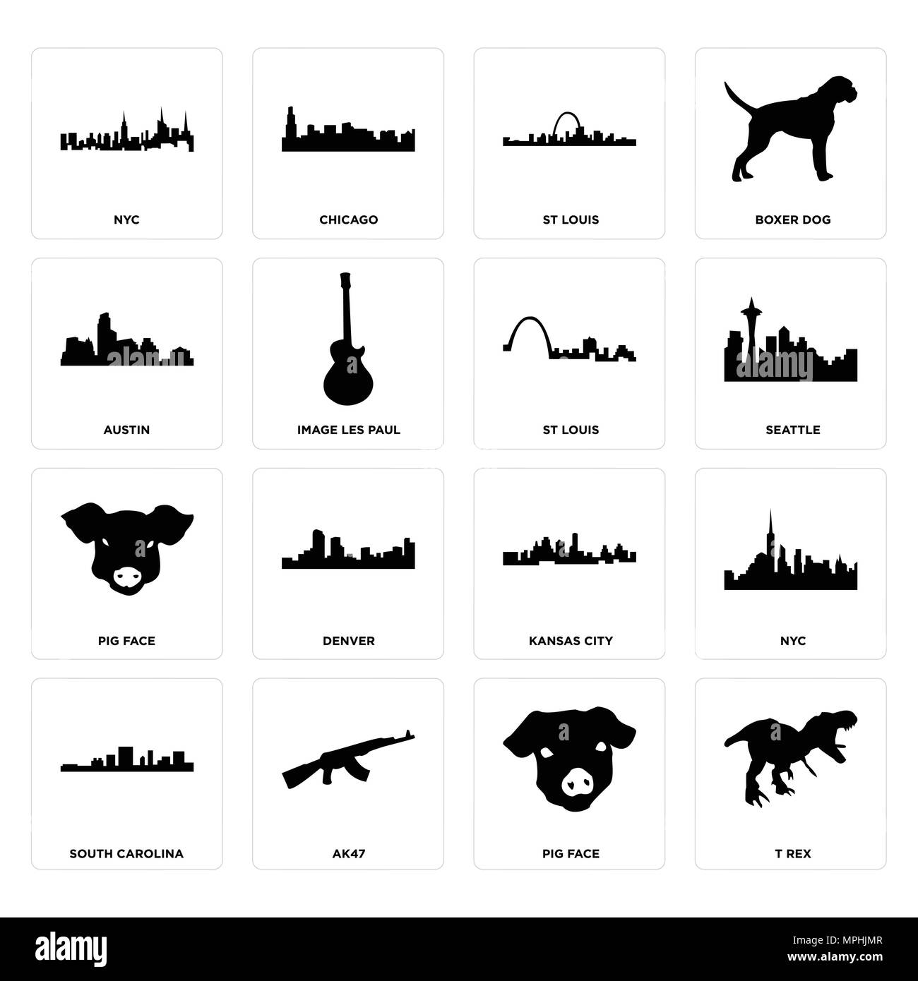 Ensemble de 16 icônes modifiable simple comme le t rex, cochon, visage, AK47, Caroline du Sud, New York, Austin, St louis peut être utilisé pour le mobile, l'interface utilisateur web Illustration de Vecteur